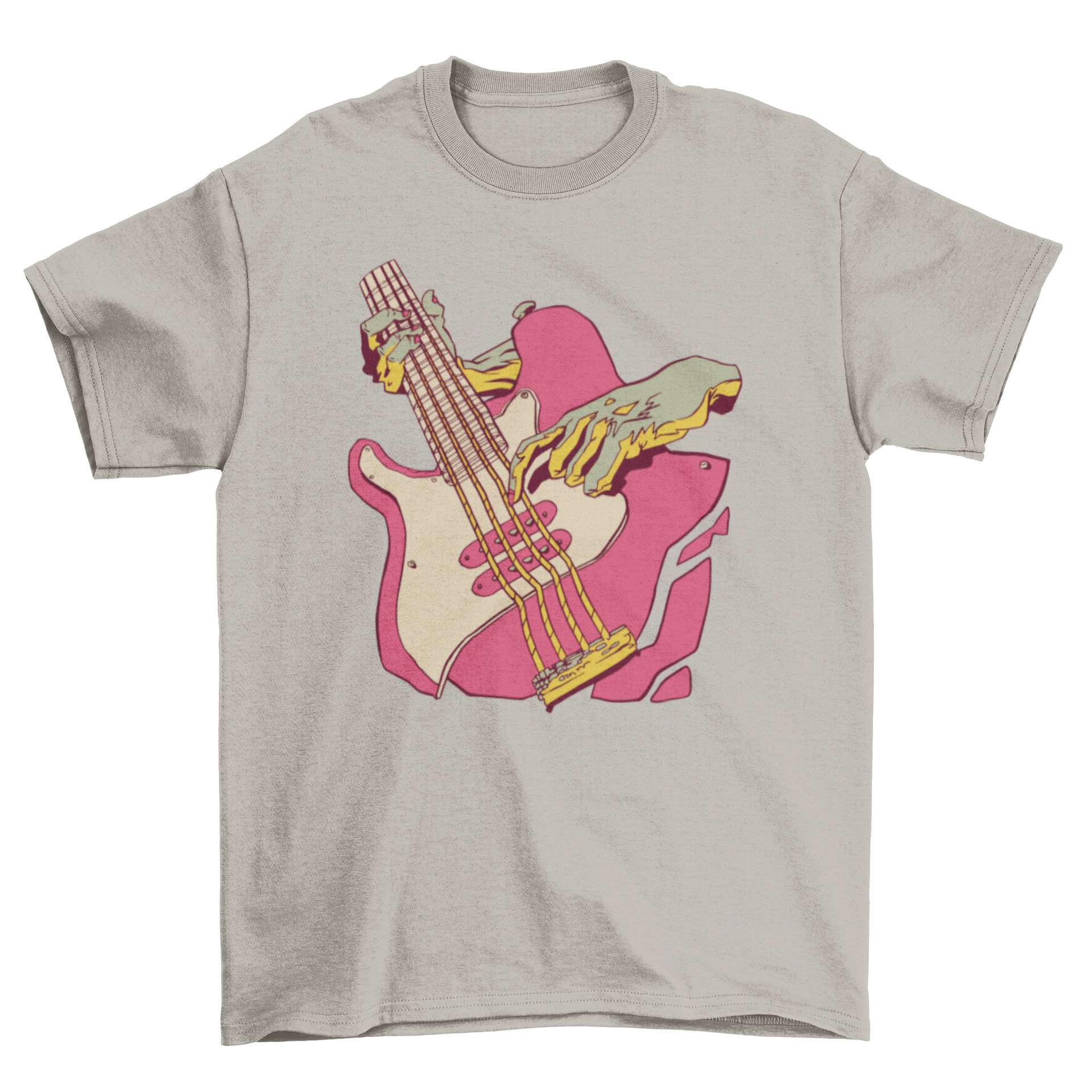 A stylish t-shirt featuring a graphic of hands playing a bass guitar, perfect for music lovers.