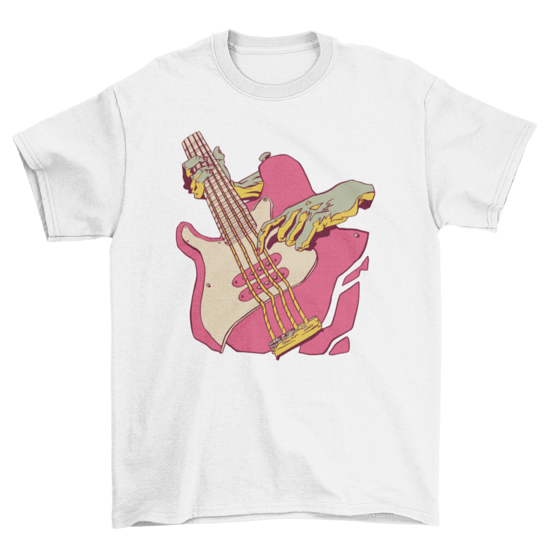 A stylish t-shirt featuring a graphic of hands playing a bass guitar, perfect for music lovers.