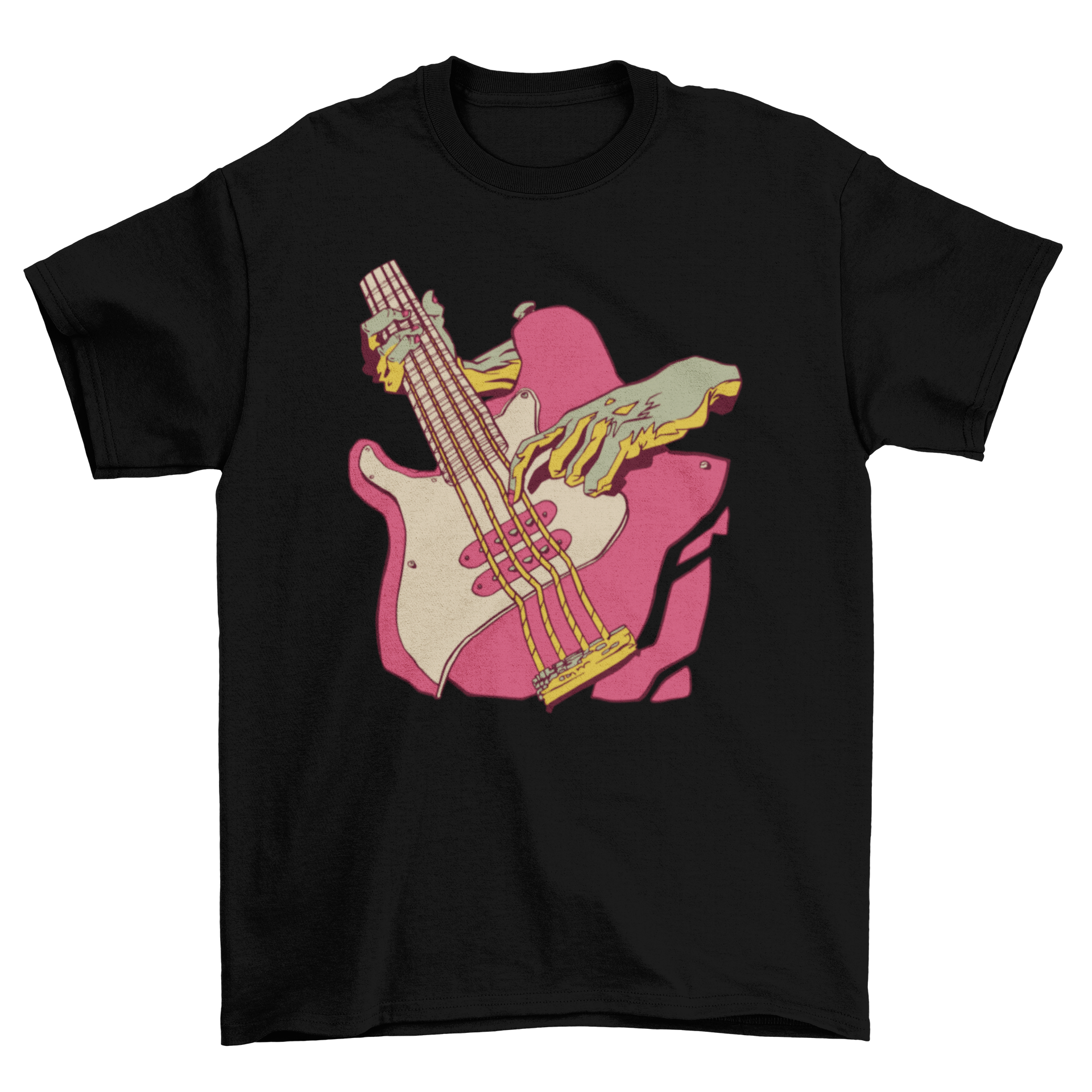 A stylish t-shirt featuring a graphic of hands playing a bass guitar, perfect for music lovers.