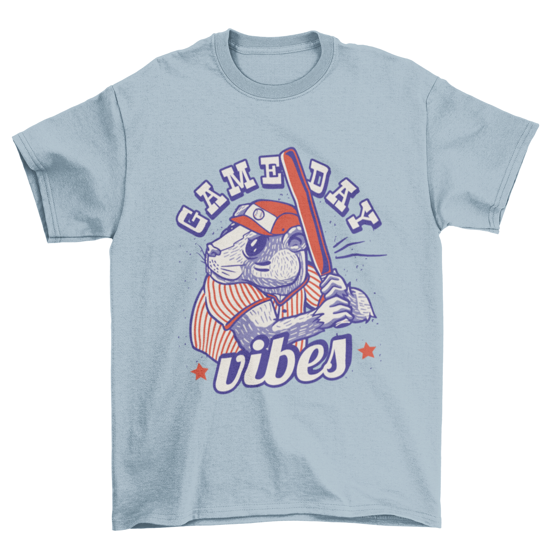 A playful t-shirt featuring a beaver playing baseball with the quote 'Game day vibes'.