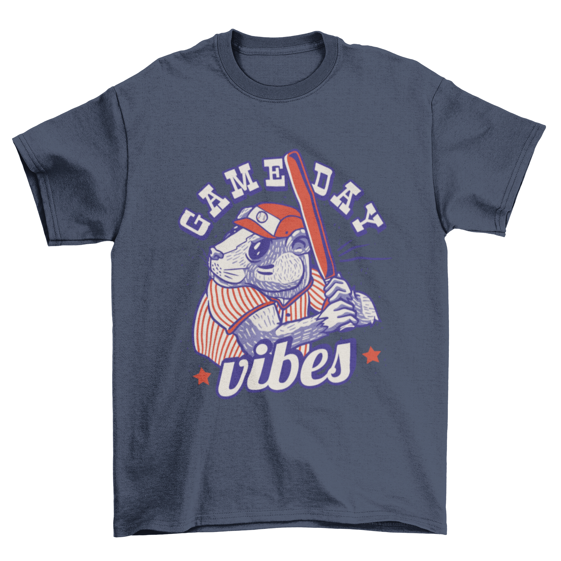 A playful t-shirt featuring a beaver playing baseball with the quote 'Game day vibes'.