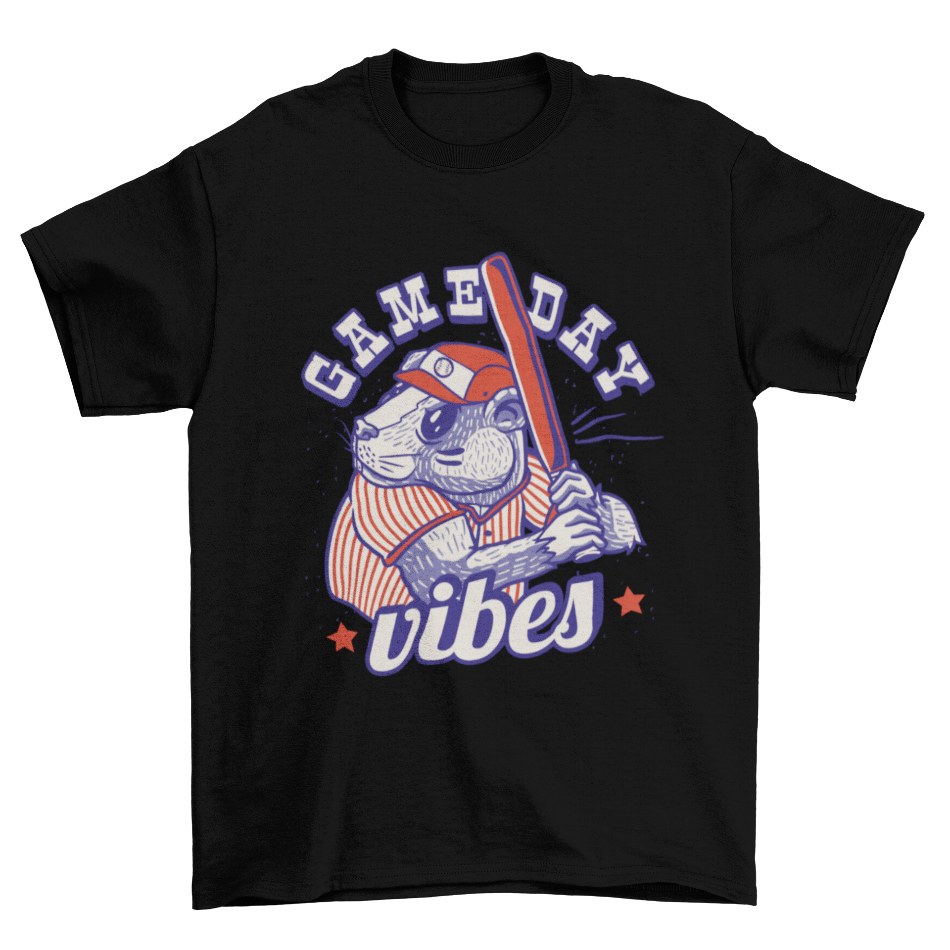 A playful t-shirt featuring a beaver playing baseball with the quote 'Game day vibes'.