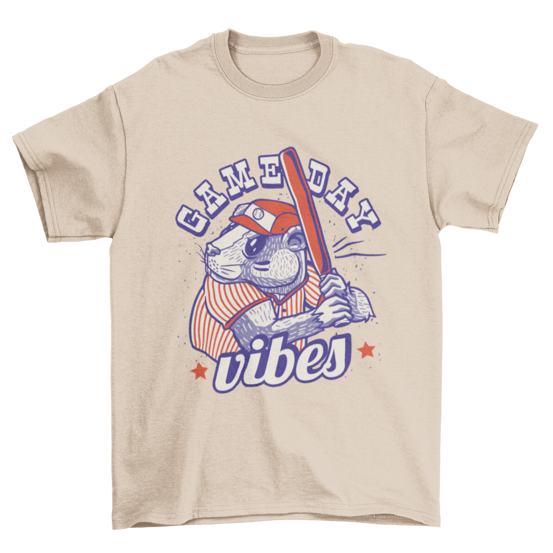 A playful t-shirt featuring a beaver playing baseball with the quote 'Game day vibes'.