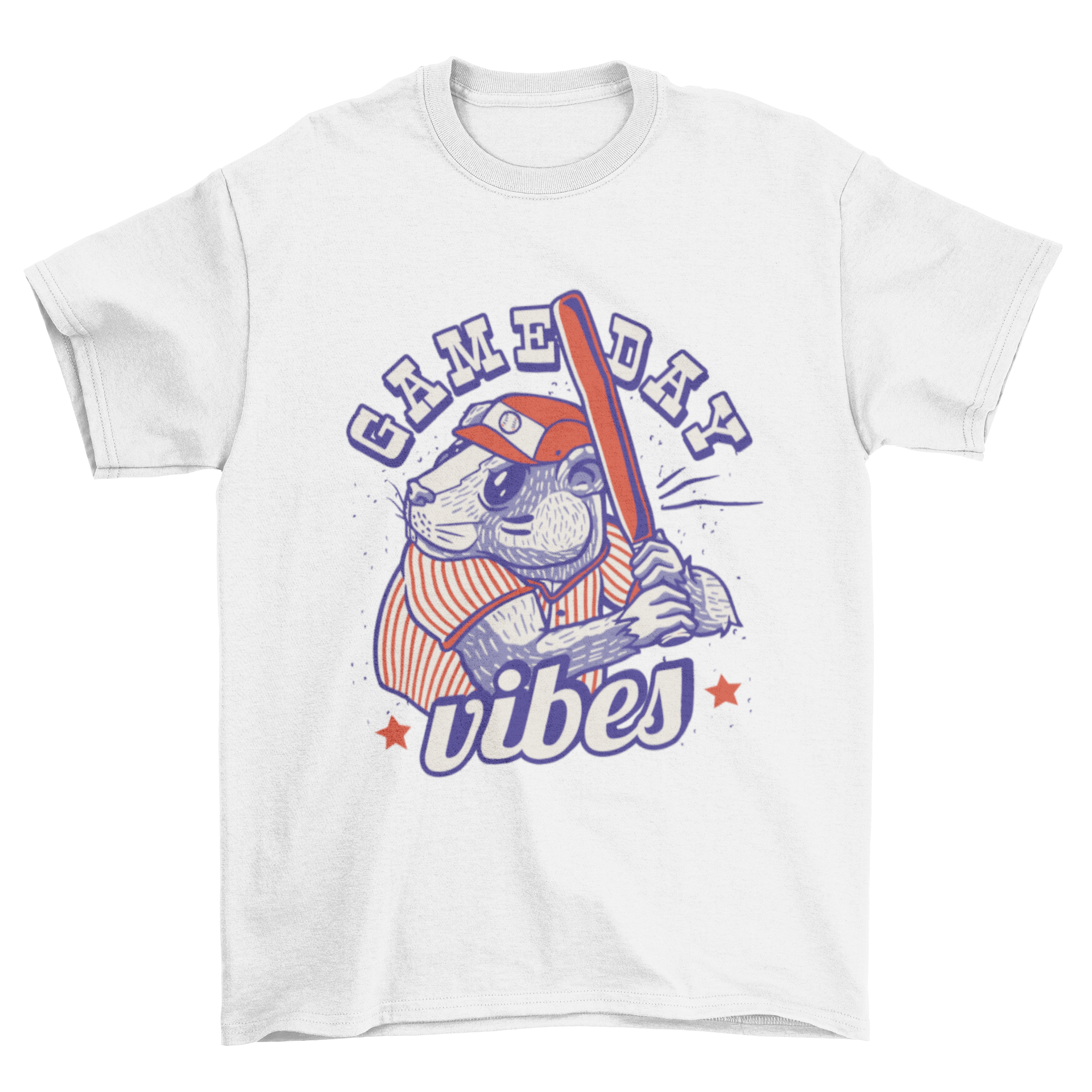 A playful t-shirt featuring a beaver playing baseball with the quote 'Game day vibes'.