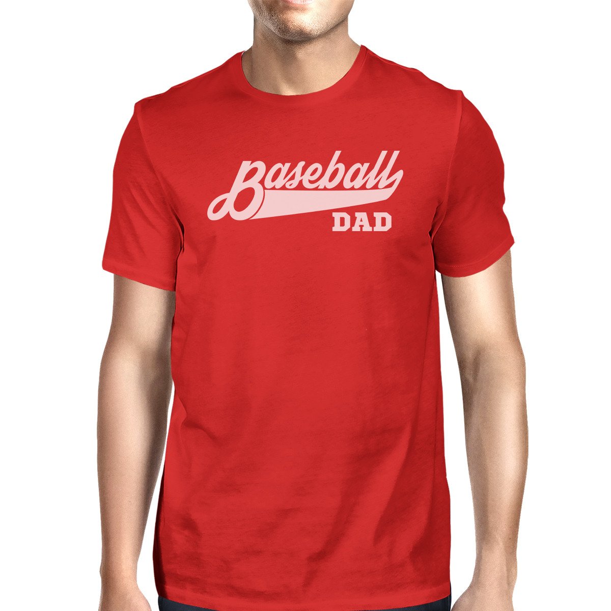 Men's red t-shirt featuring a unique baseball dad graphic design, made from 100% ring spun cotton for comfort.