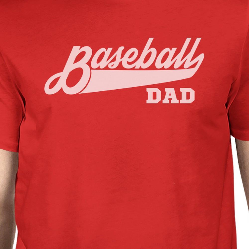 Men's red t-shirt featuring a unique baseball dad graphic design, made from 100% ring spun cotton for comfort.