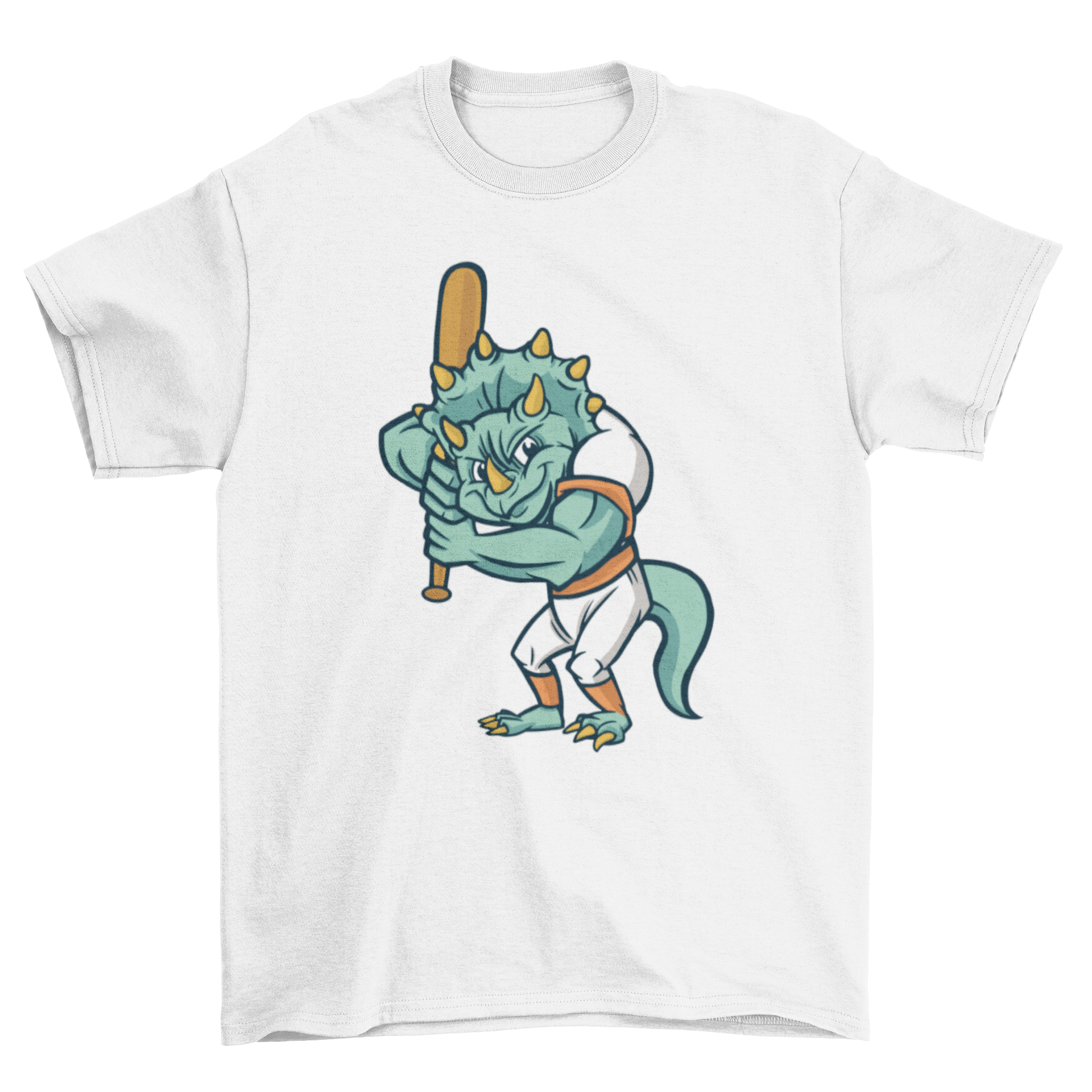 A colorful t-shirt featuring a triceratops playing baseball, perfect for kids.