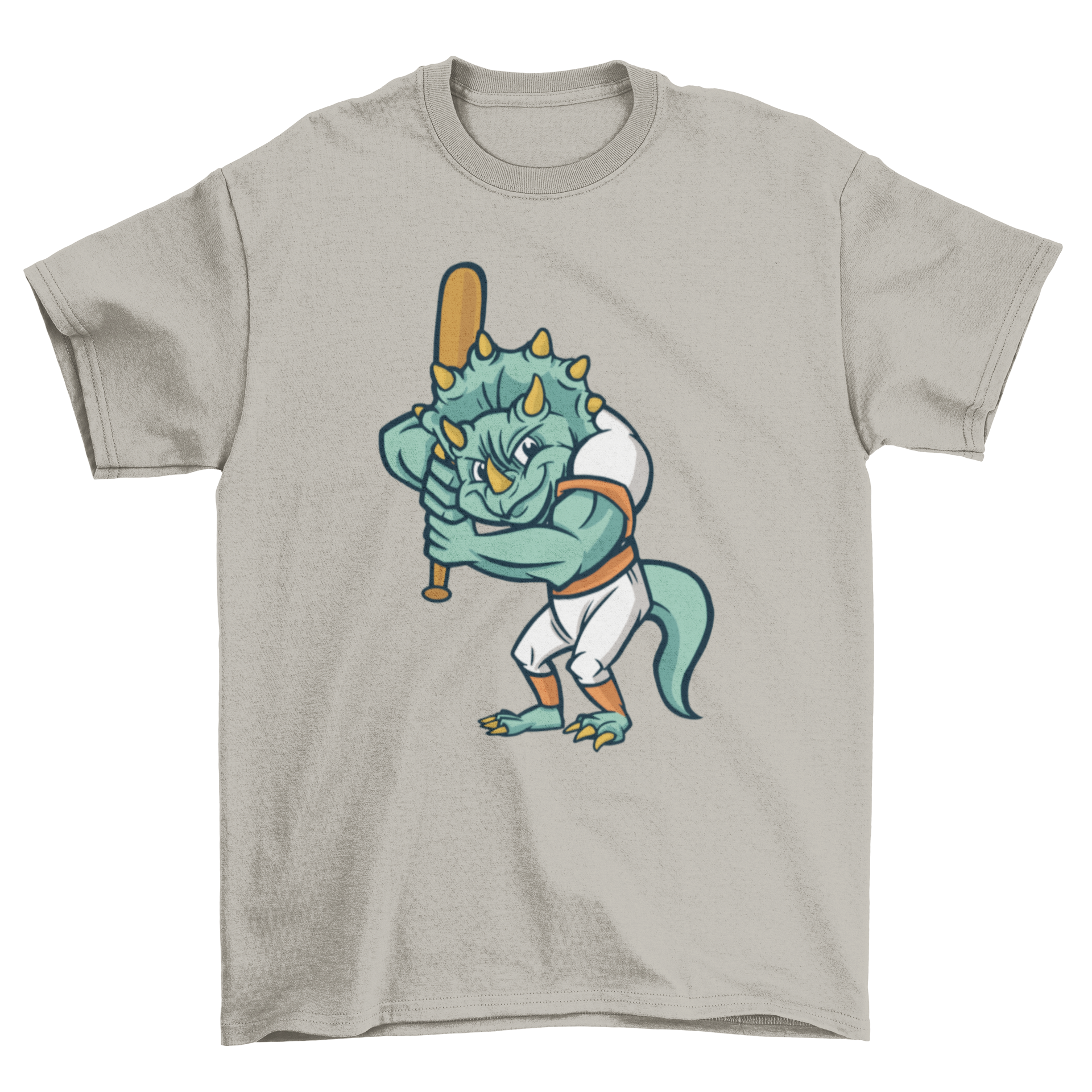 A colorful t-shirt featuring a triceratops playing baseball, perfect for kids.