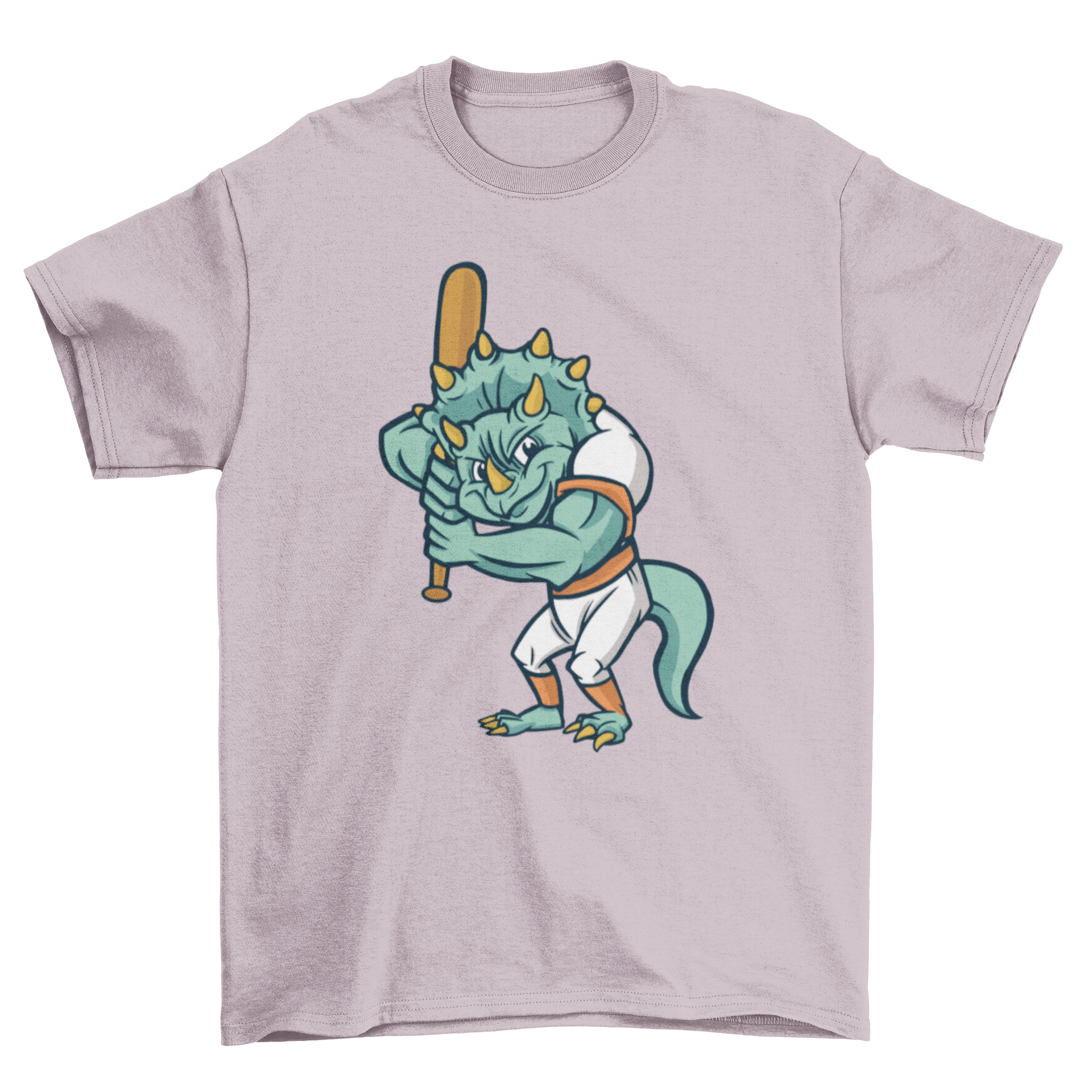 A colorful t-shirt featuring a triceratops playing baseball, perfect for kids.