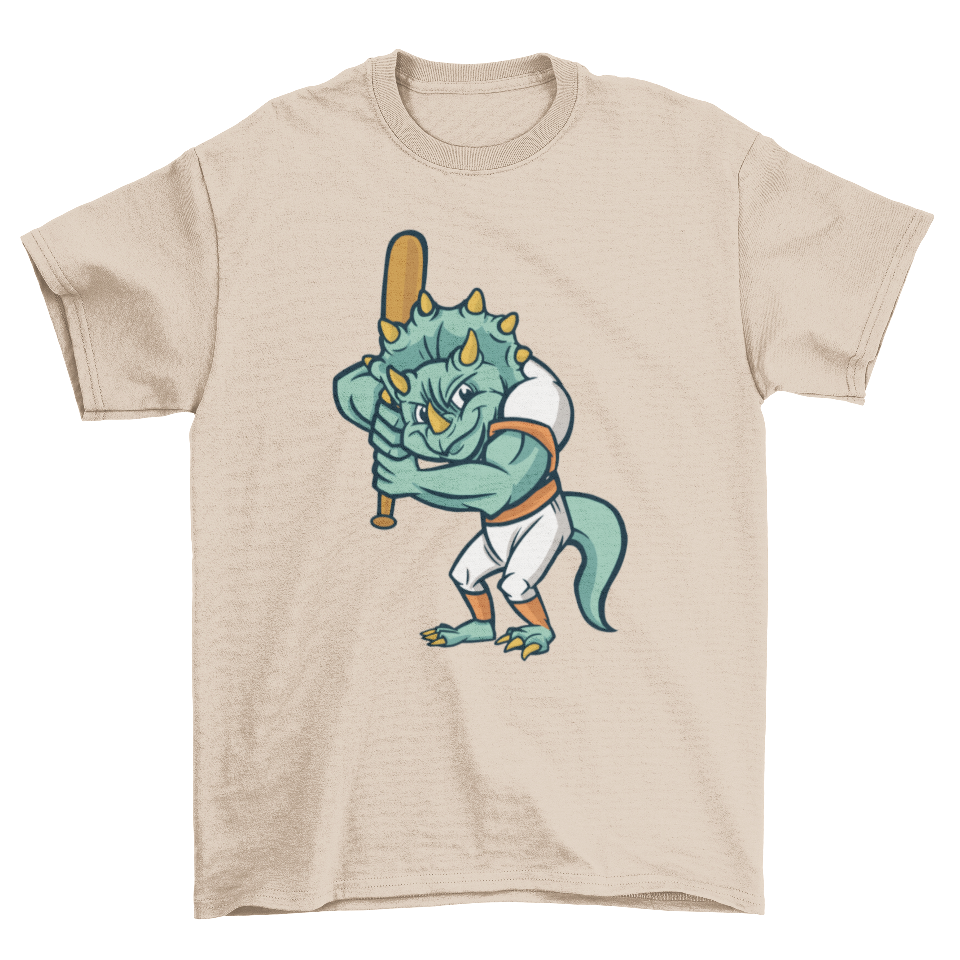 A colorful t-shirt featuring a triceratops playing baseball, perfect for kids.