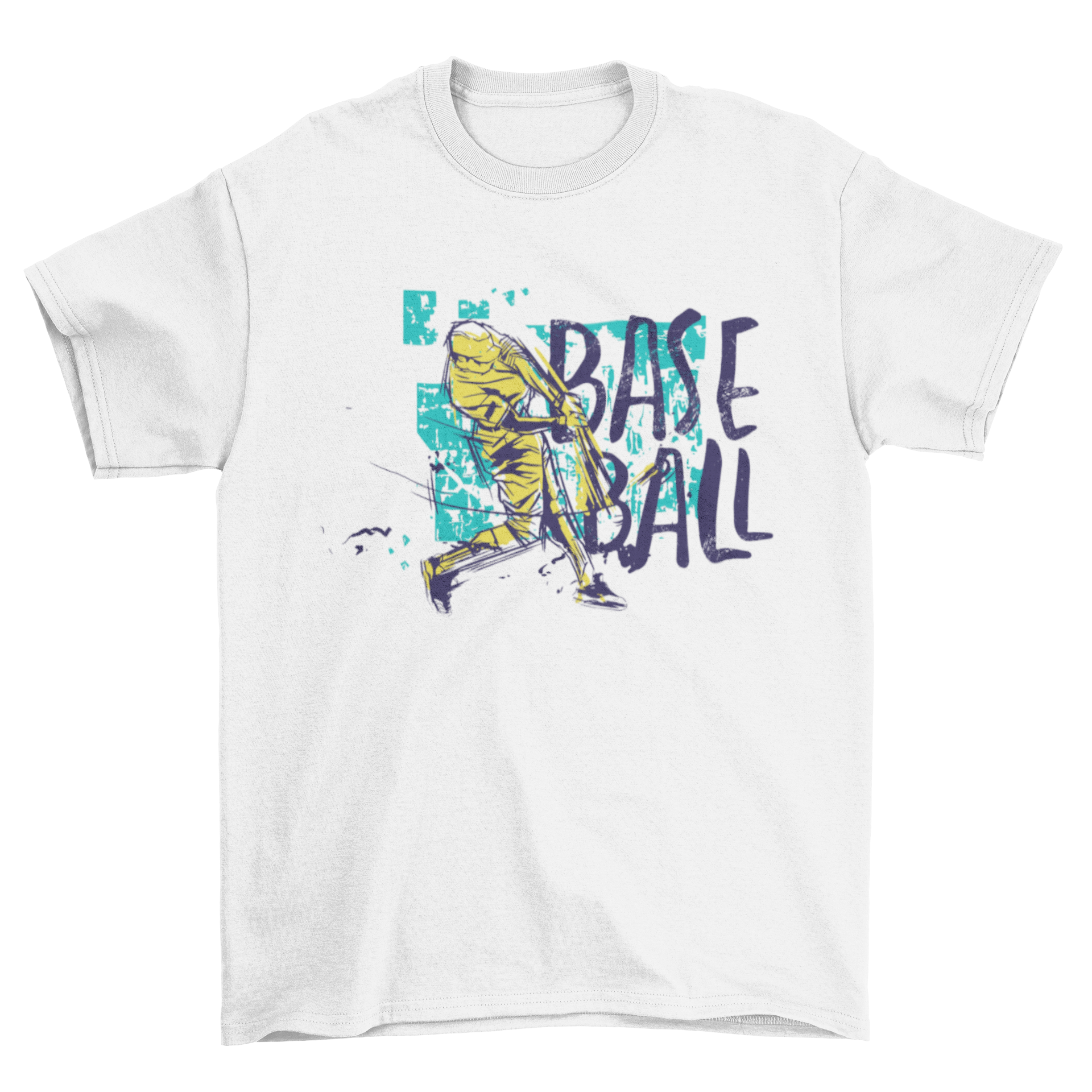 Baseball Grunge Colored T-shirt featuring a baseball player and the word BASEBALL in vibrant colors.