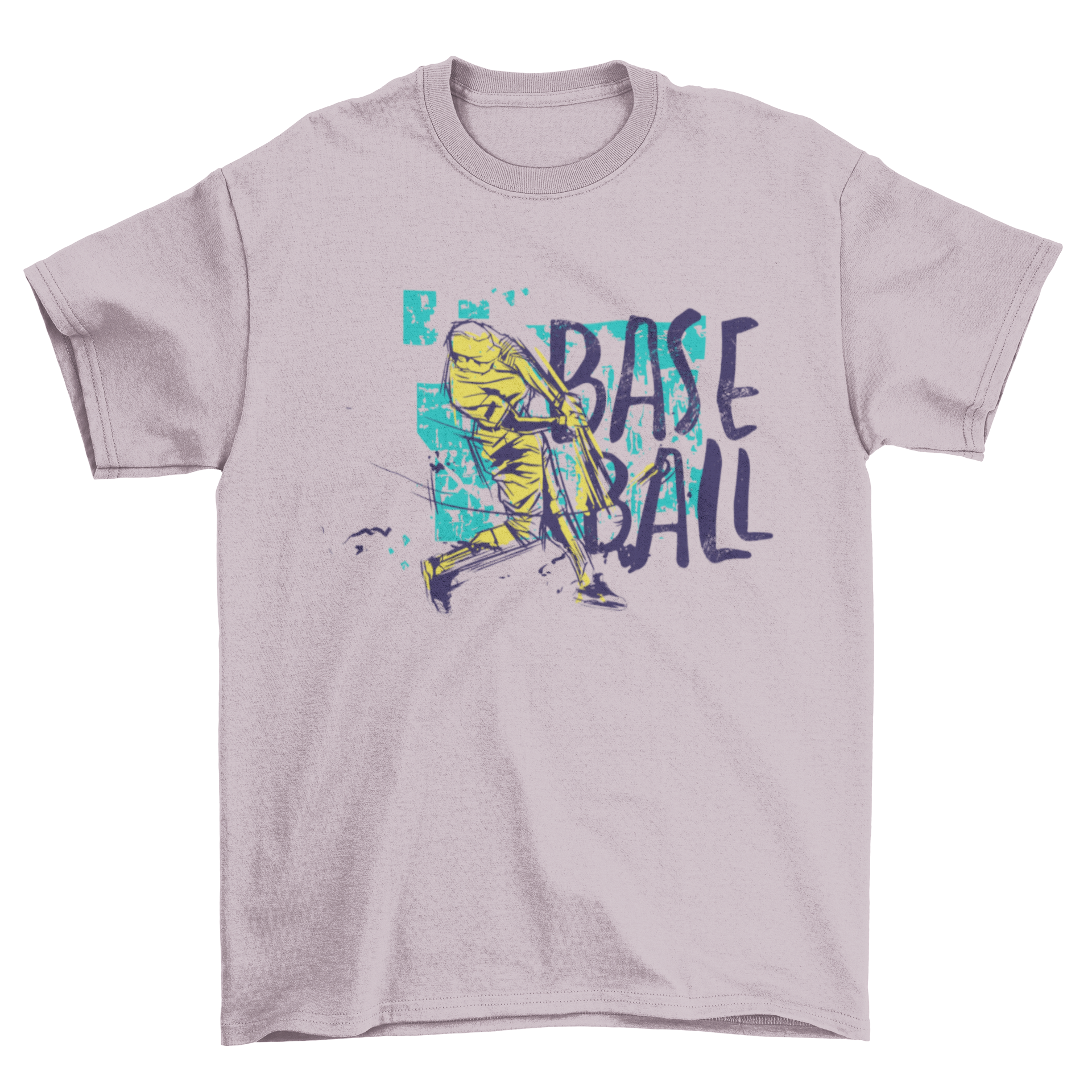 Baseball Grunge Colored T-shirt featuring a baseball player and the word BASEBALL in vibrant colors.