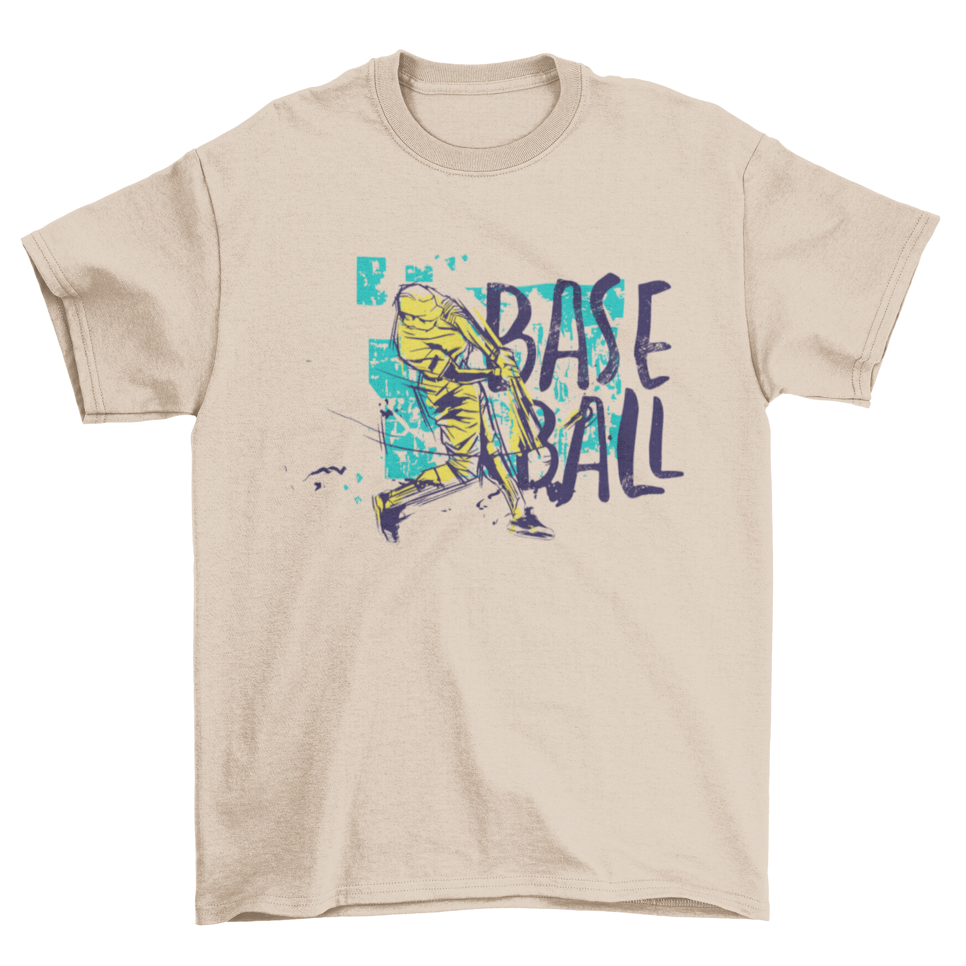 Baseball Grunge Colored T-shirt featuring a baseball player and the word BASEBALL in vibrant colors.