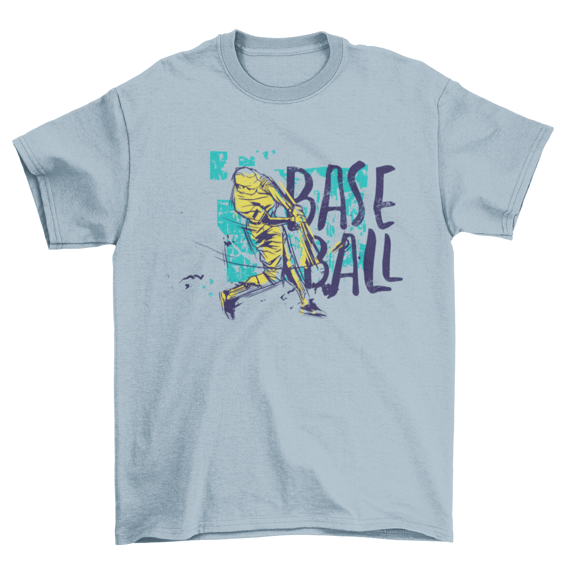 Baseball Grunge Colored T-shirt featuring a baseball player and the word BASEBALL in vibrant colors.