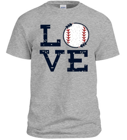 A stylish Baseball LOVE Shirt featuring bold lettering and playful graphics, perfect for baseball fans.