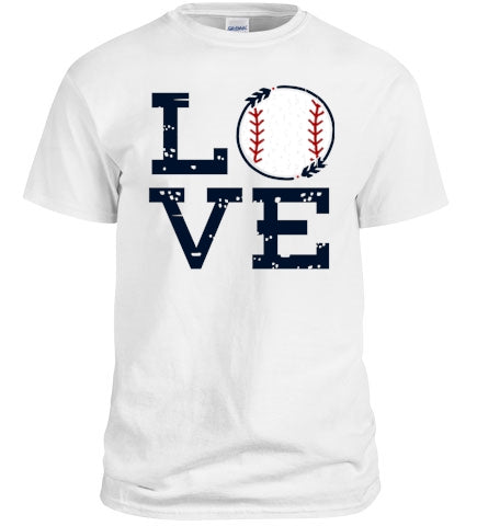 A stylish Baseball LOVE Shirt featuring bold lettering and playful graphics, perfect for baseball fans.