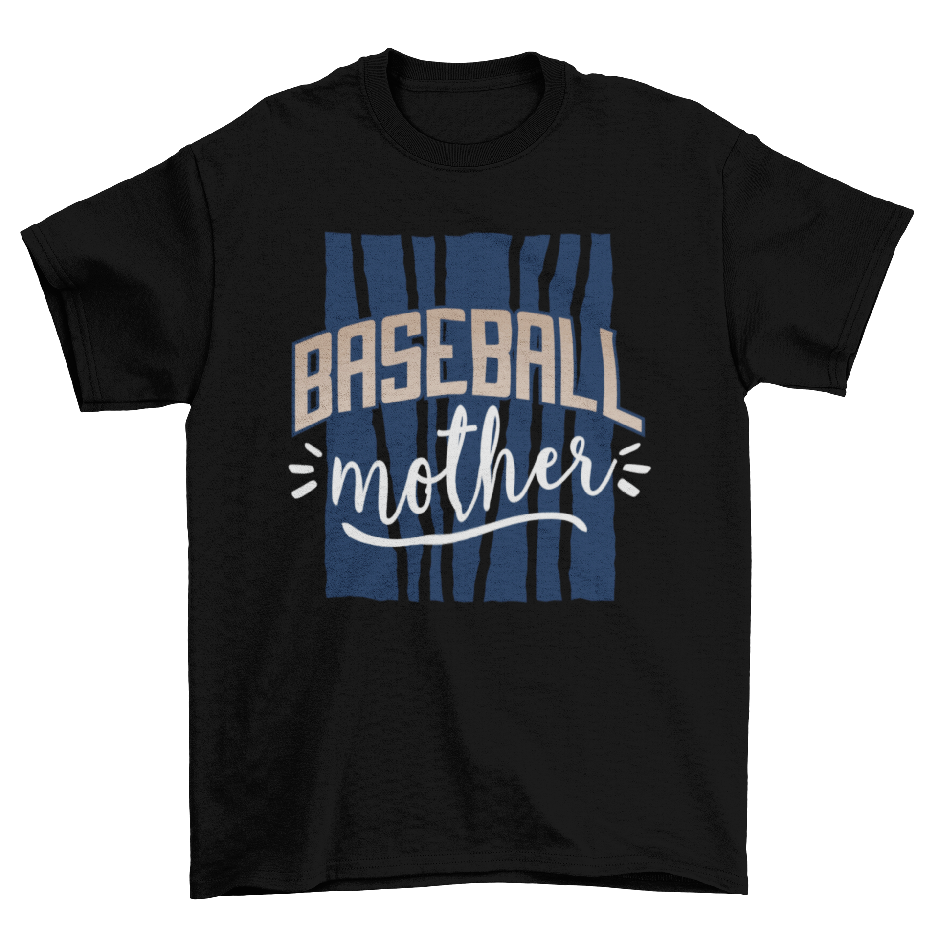 A stylish Baseball Mother T-shirt featuring bold lettering on a blue lined background, perfect for baseball moms.