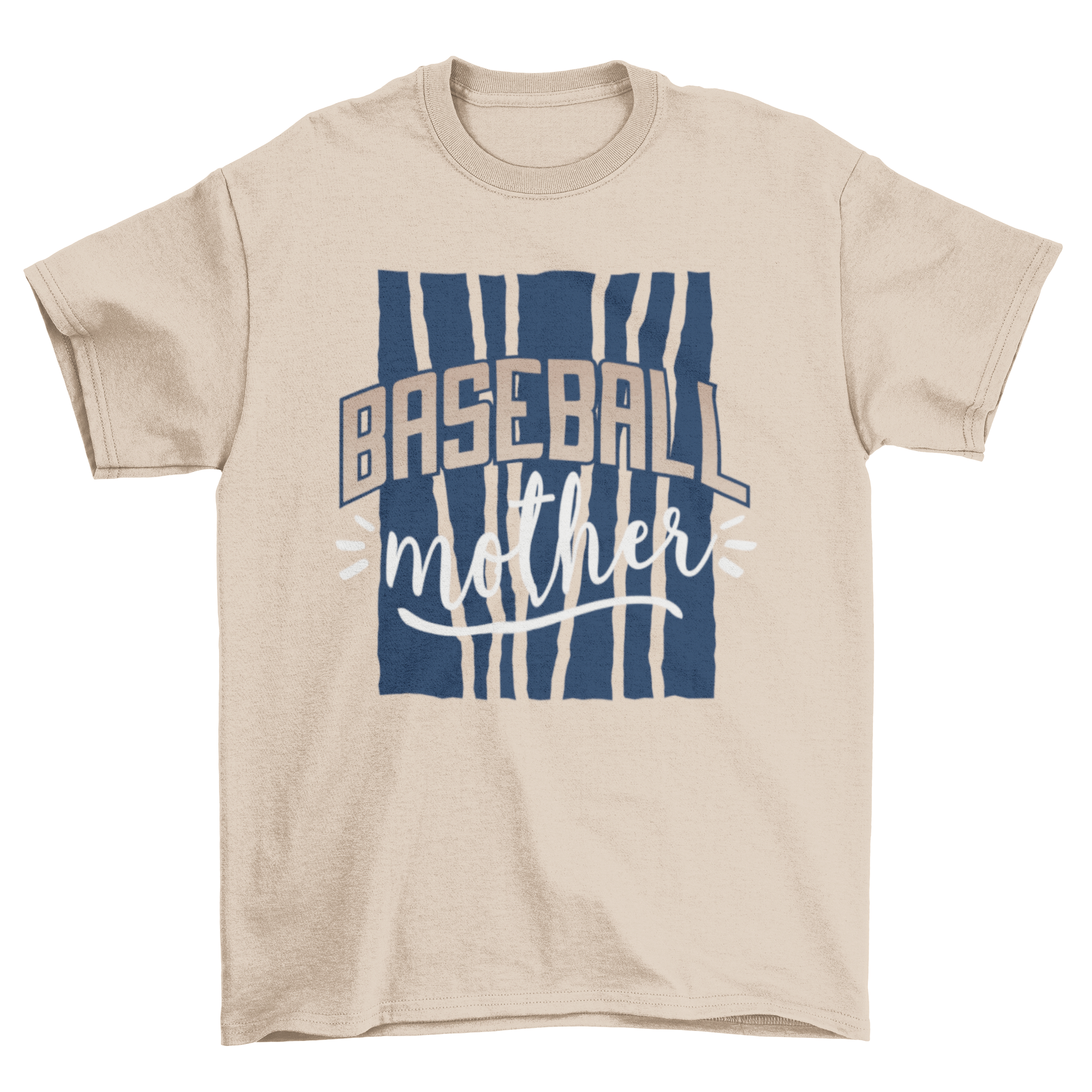 A stylish Baseball Mother T-shirt featuring bold lettering on a blue lined background, perfect for baseball moms.