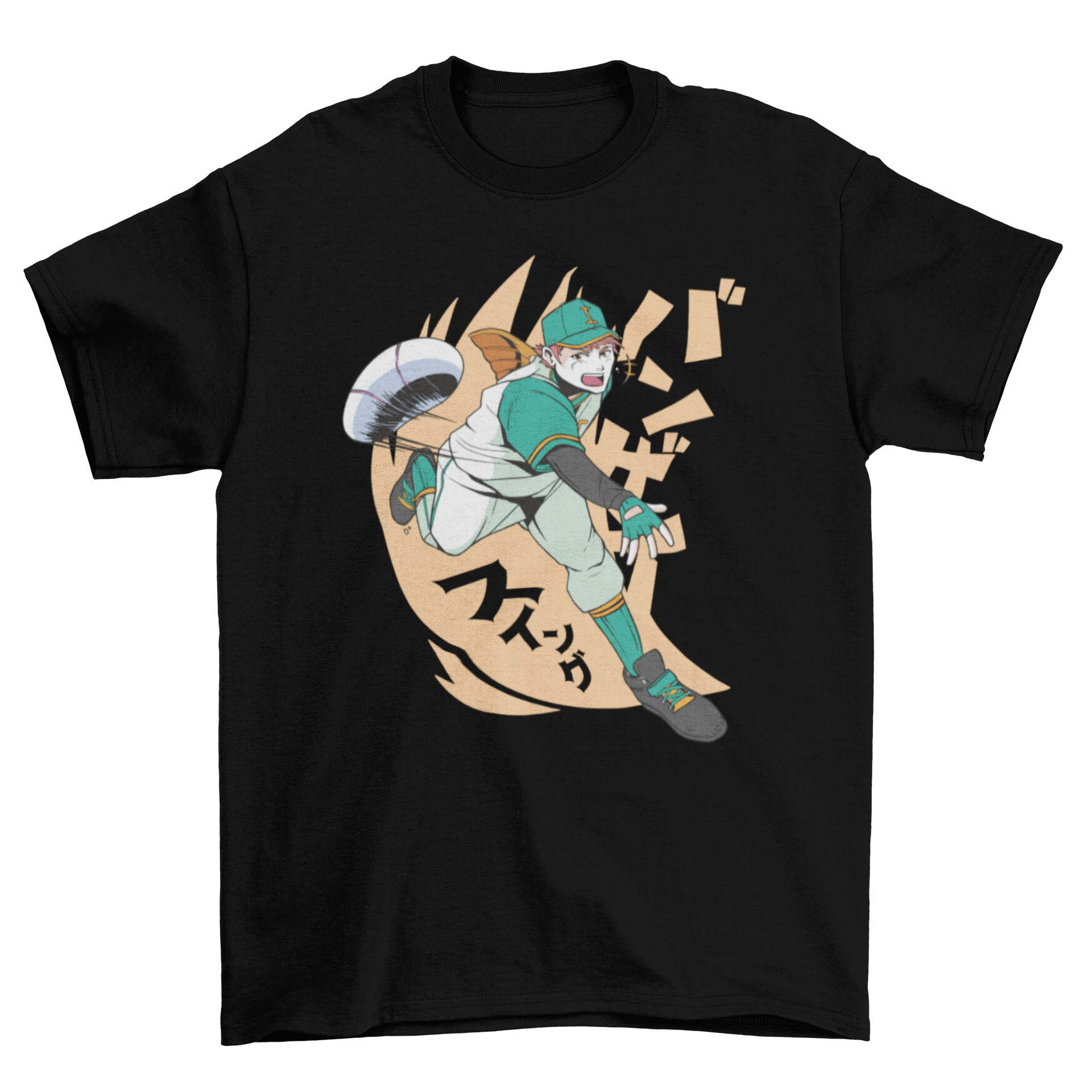 A vibrant anime-style t-shirt featuring a dynamic baseball player illustration, perfect for sports and anime fans.