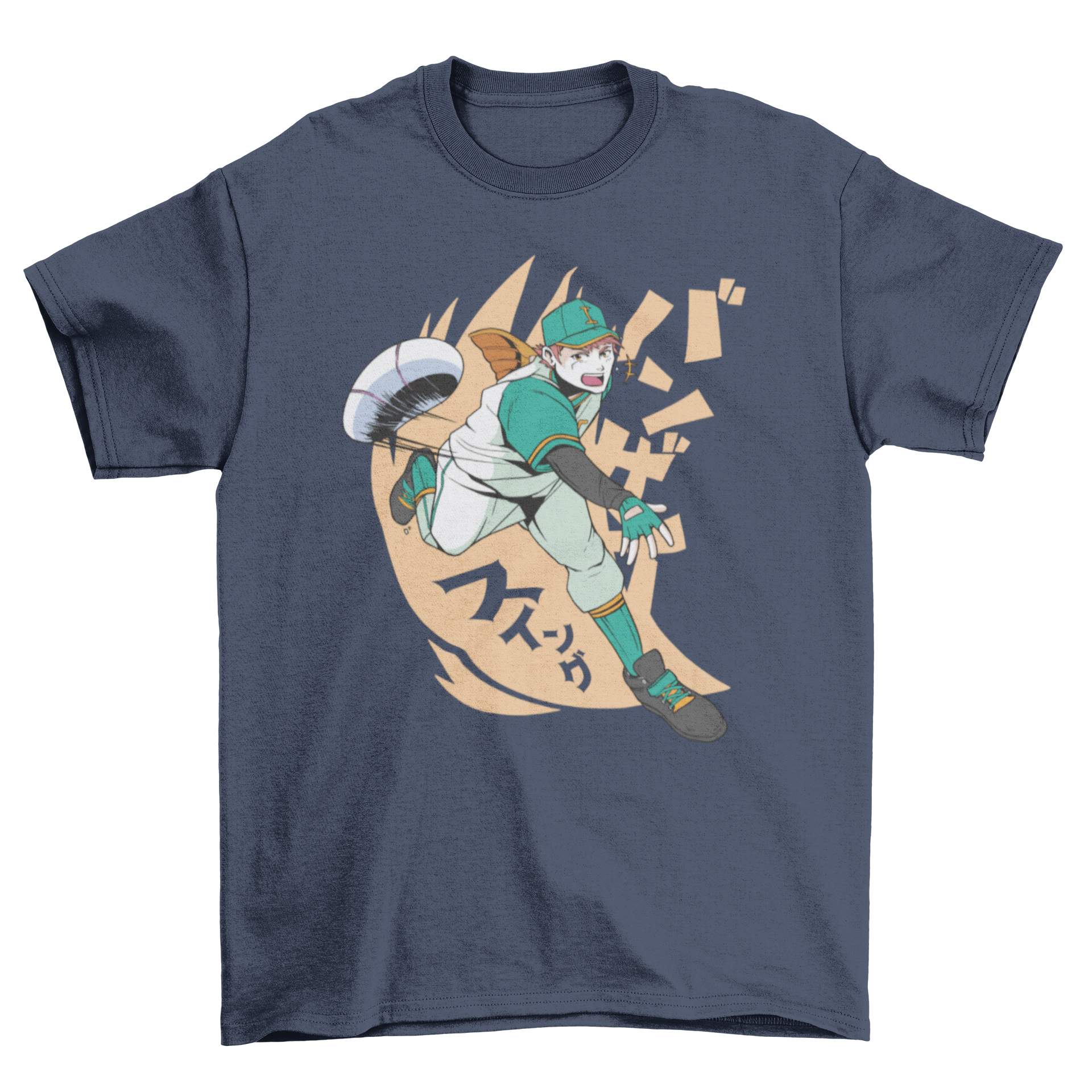 A vibrant anime-style t-shirt featuring a dynamic baseball player illustration, perfect for sports and anime fans.