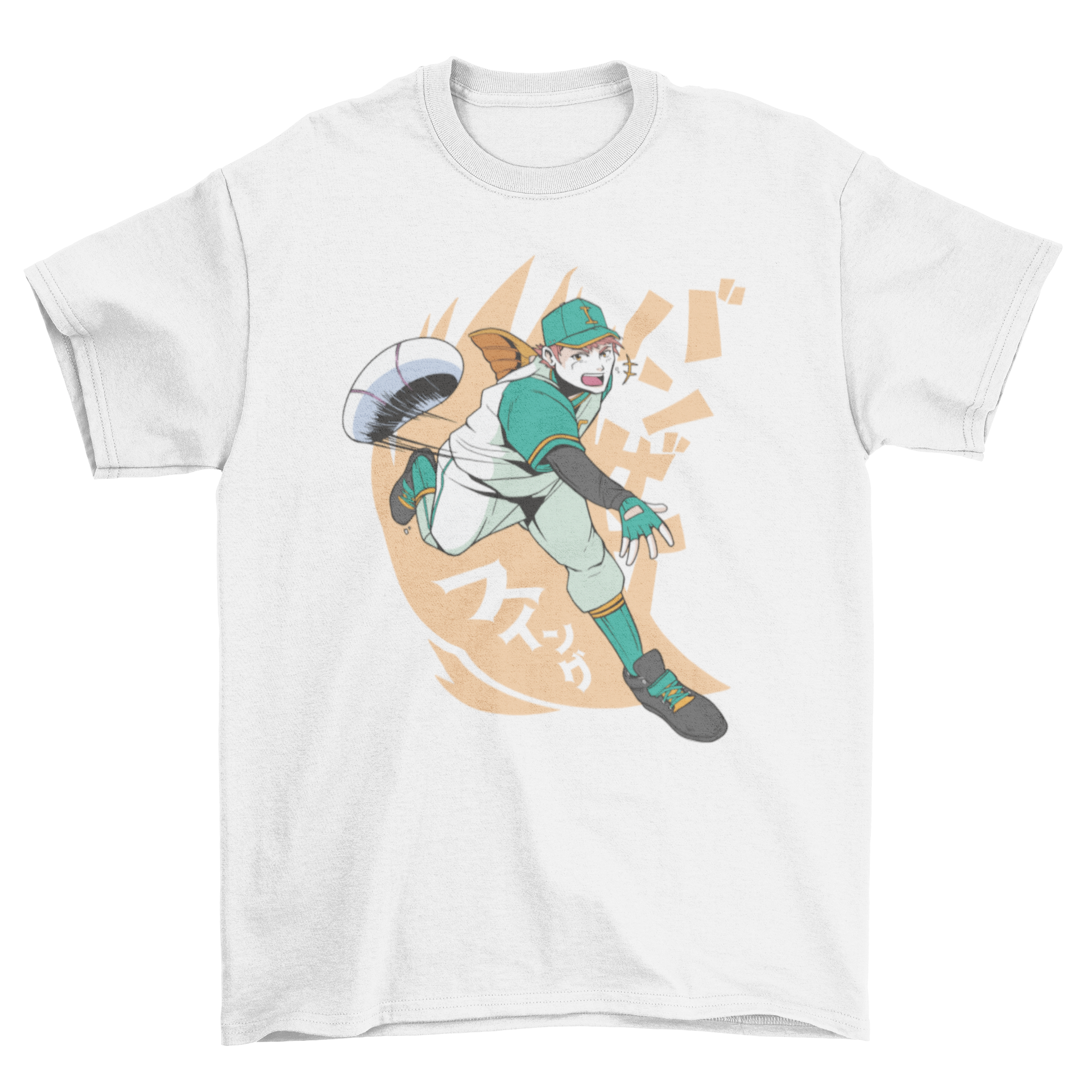 A vibrant anime-style t-shirt featuring a dynamic baseball player illustration, perfect for sports and anime fans.