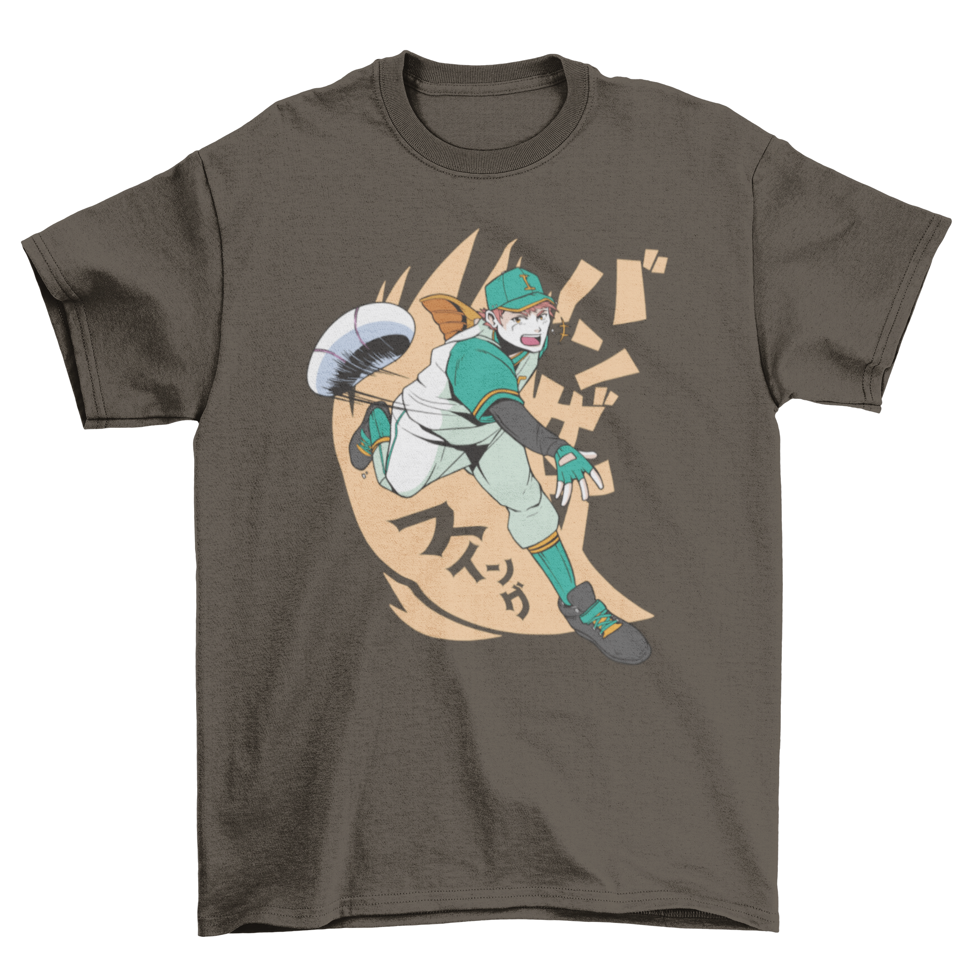 A vibrant anime-style t-shirt featuring a dynamic baseball player illustration, perfect for sports and anime fans.