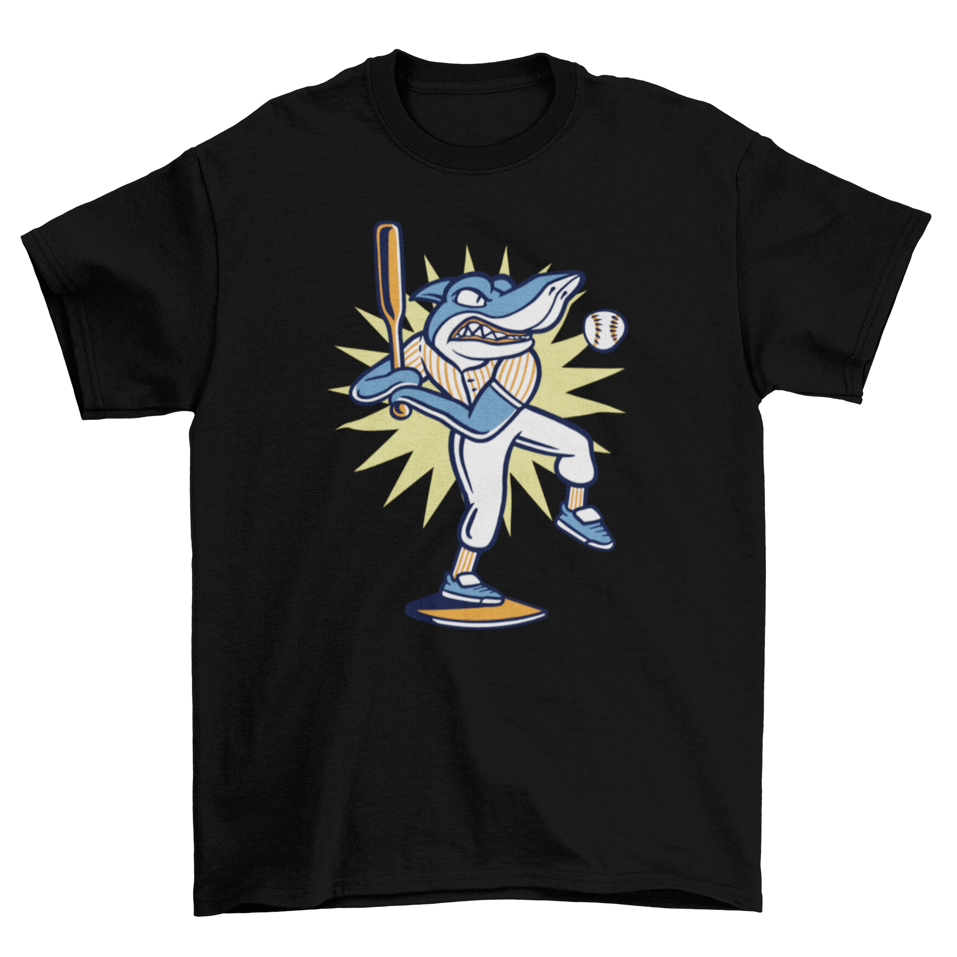 A vibrant t-shirt featuring a playful shark character dressed in baseball gear, ready to play.