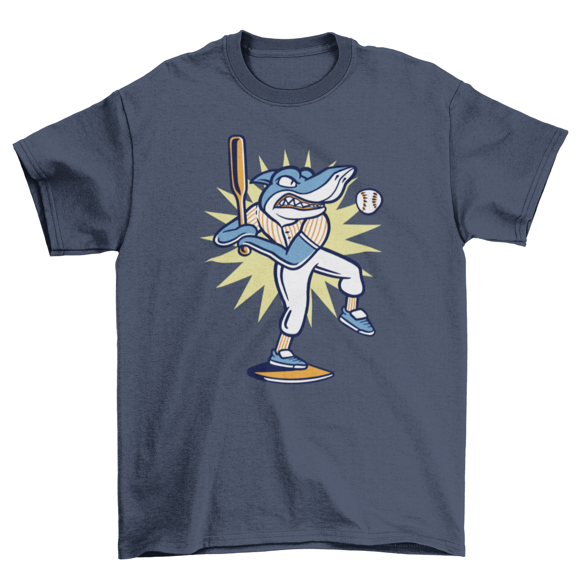 A vibrant t-shirt featuring a playful shark character dressed in baseball gear, ready to play.