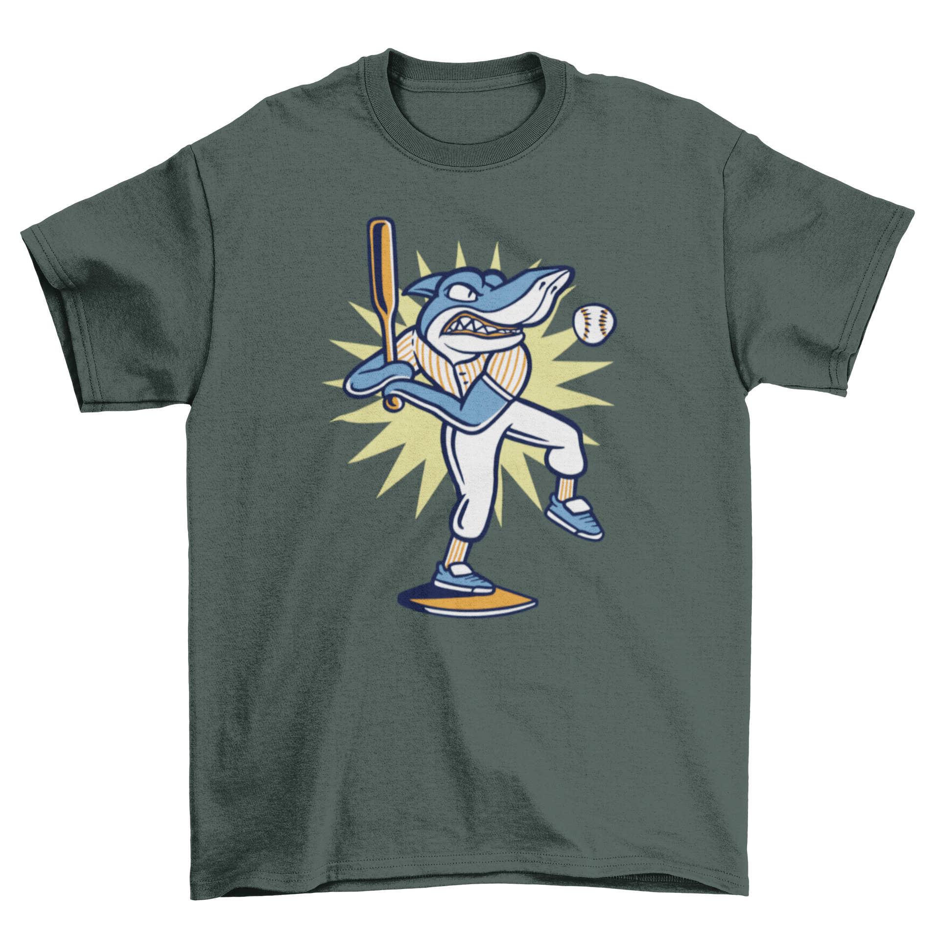 A vibrant t-shirt featuring a playful shark character dressed in baseball gear, ready to play.