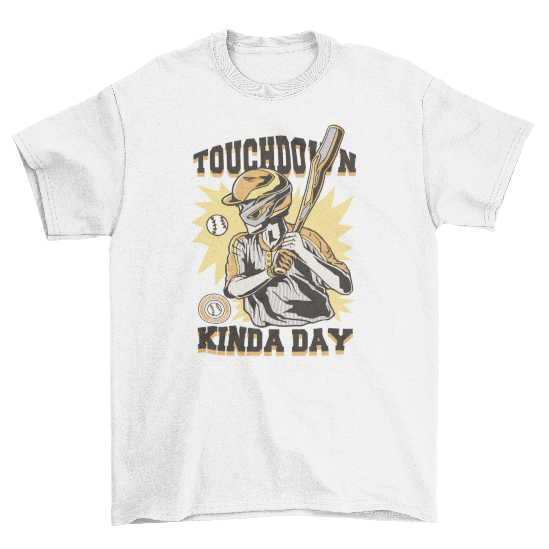 Vintage t-shirt featuring a baseball player and the quote 'Touchdown kinda day' in a stylish design.