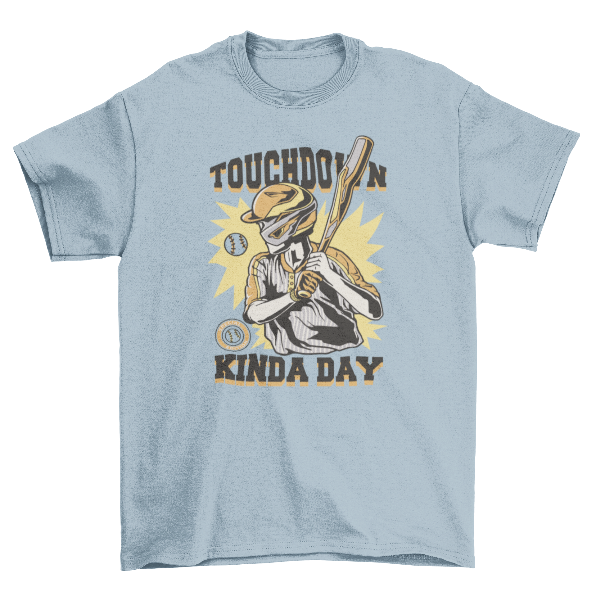 Vintage t-shirt featuring a baseball player and the quote 'Touchdown kinda day' in a stylish design.