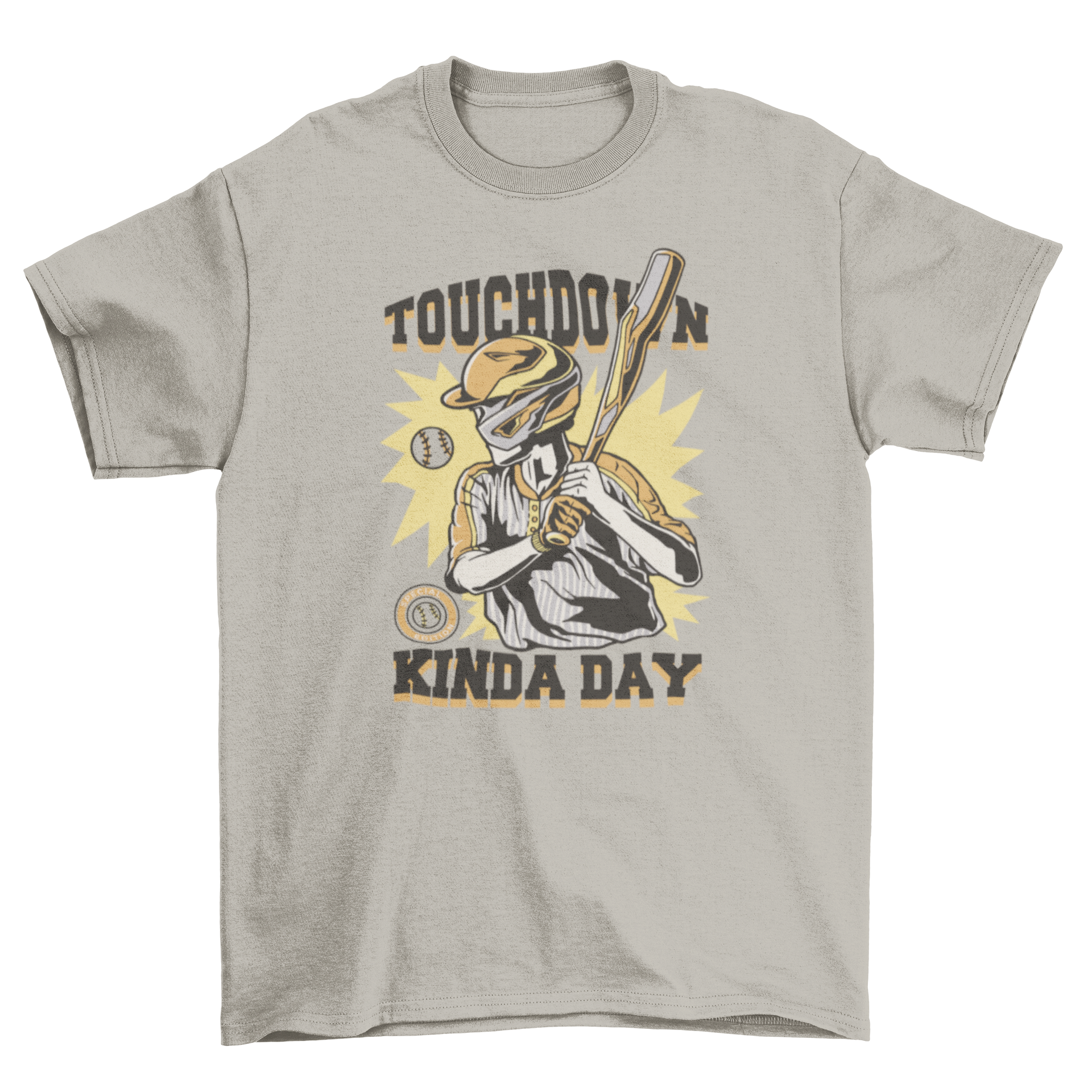 Vintage t-shirt featuring a baseball player and the quote 'Touchdown kinda day' in a stylish design.