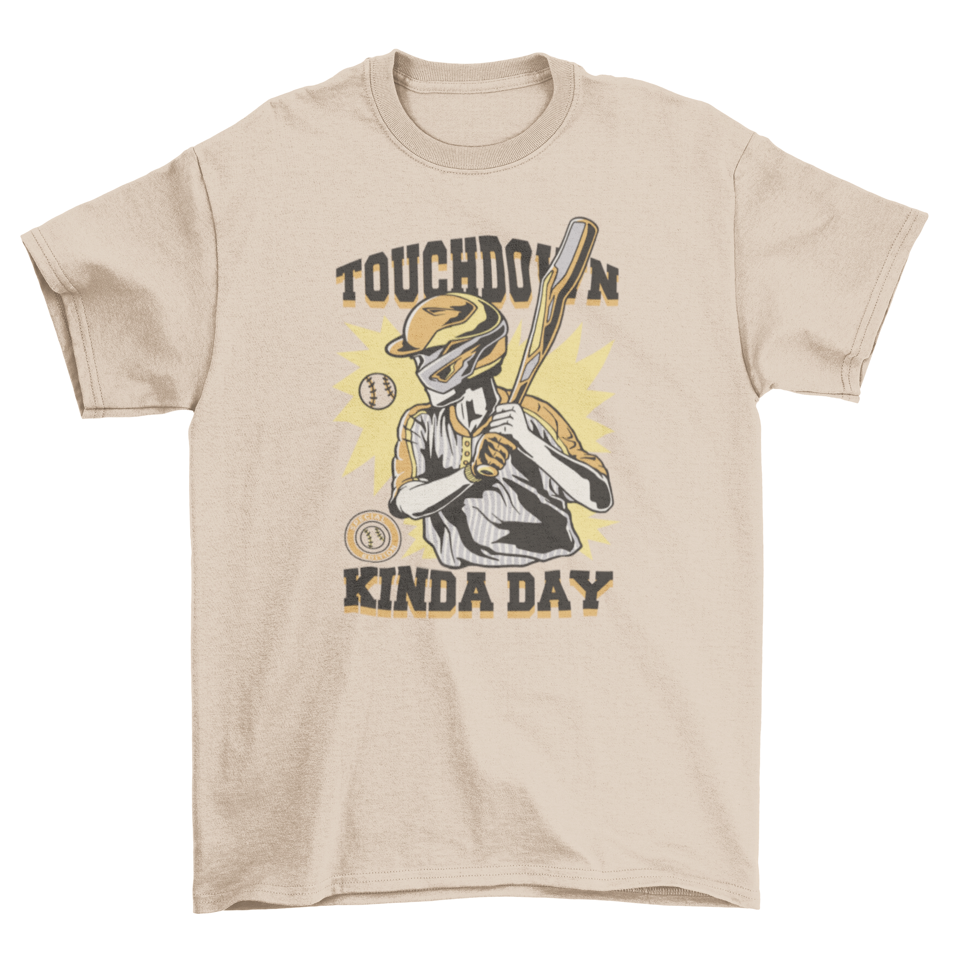 Vintage t-shirt featuring a baseball player and the quote 'Touchdown kinda day' in a stylish design.