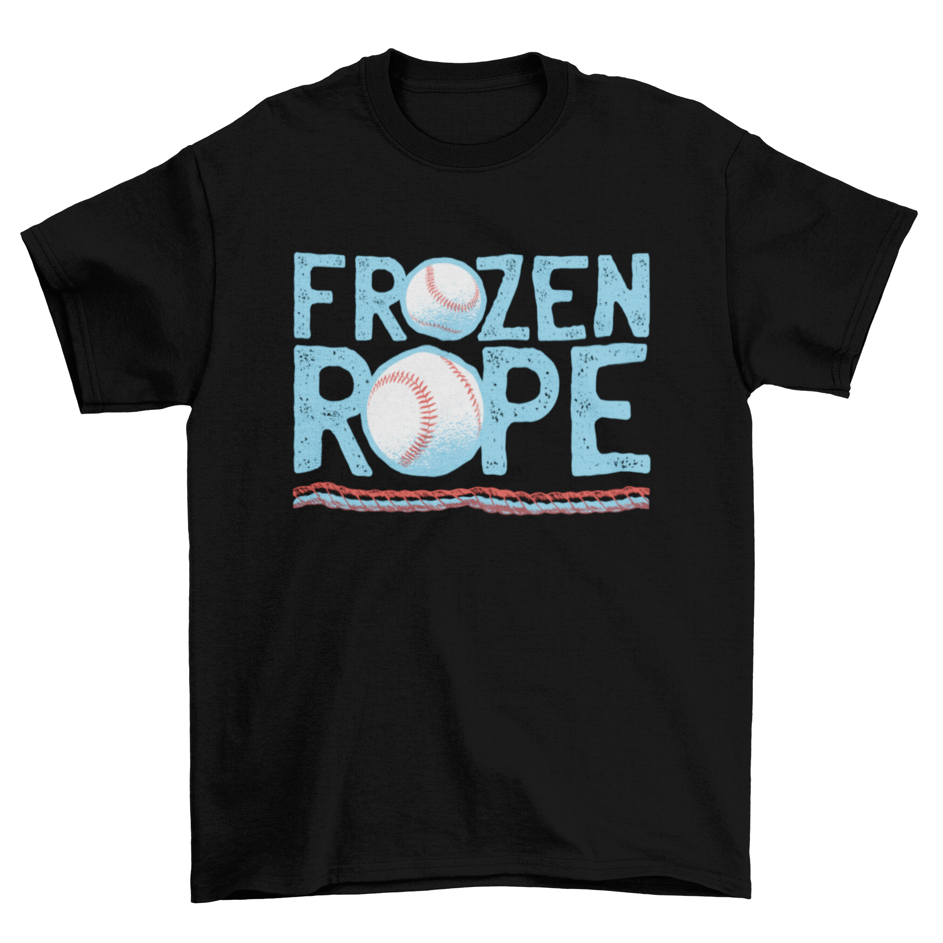 A stylish T-shirt featuring the quote 'Frozen Rope' related to baseball, showcasing a fun and sporty design.