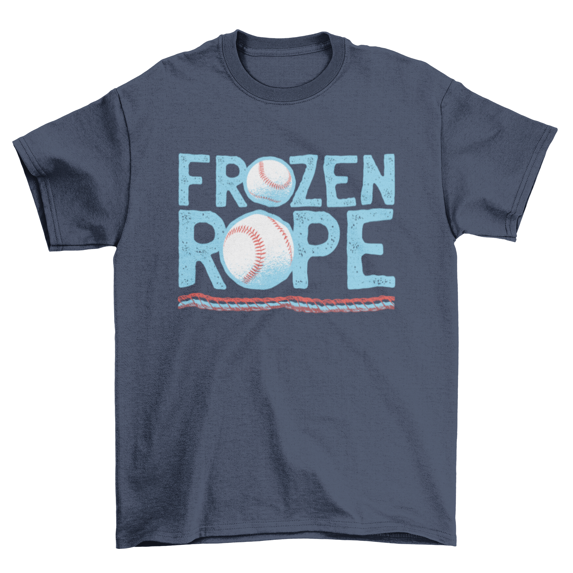 A stylish T-shirt featuring the quote 'Frozen Rope' related to baseball, showcasing a fun and sporty design.