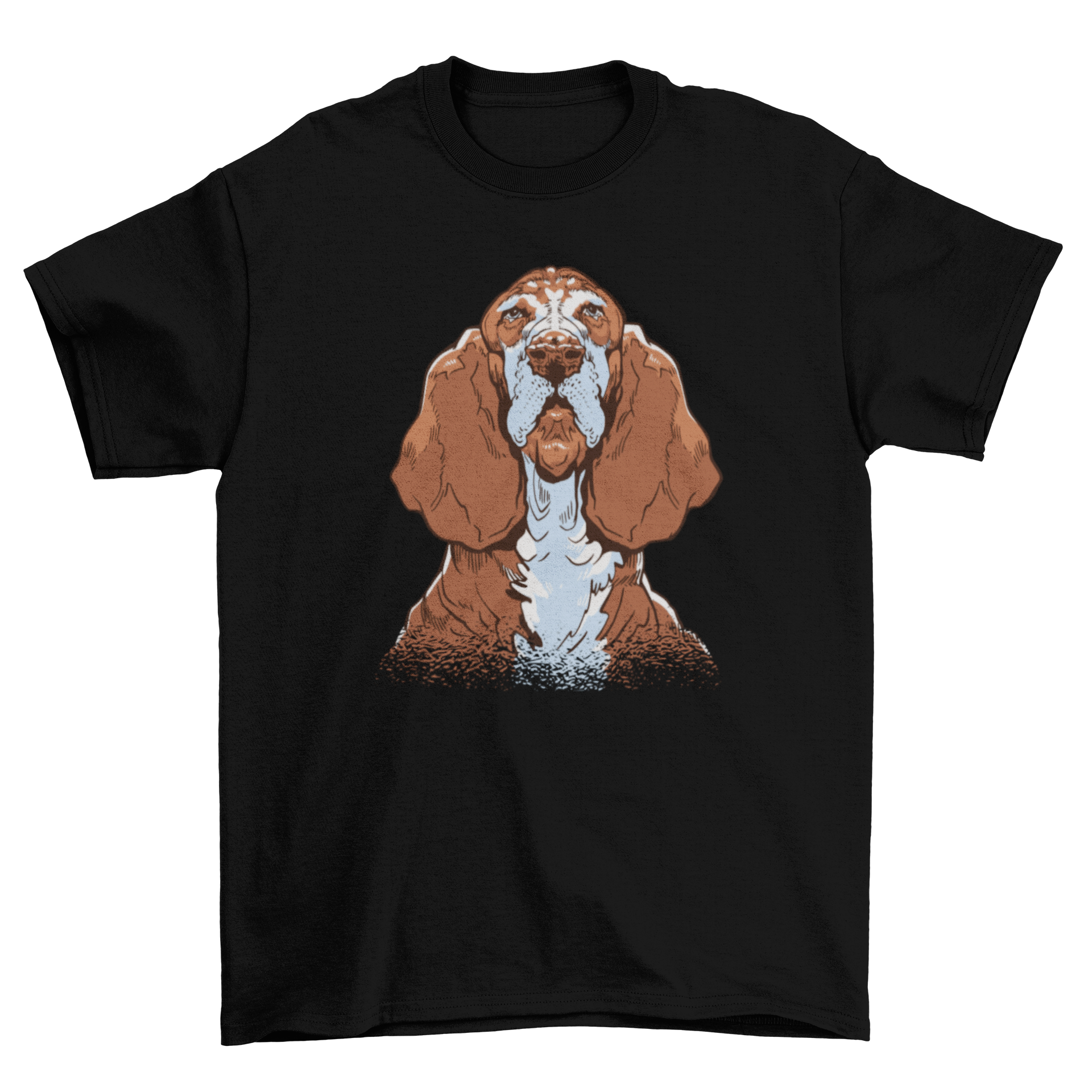 A stylish Basset Hound dog t-shirt featuring a realistic illustration of a Basset Hound, perfect for dog lovers.