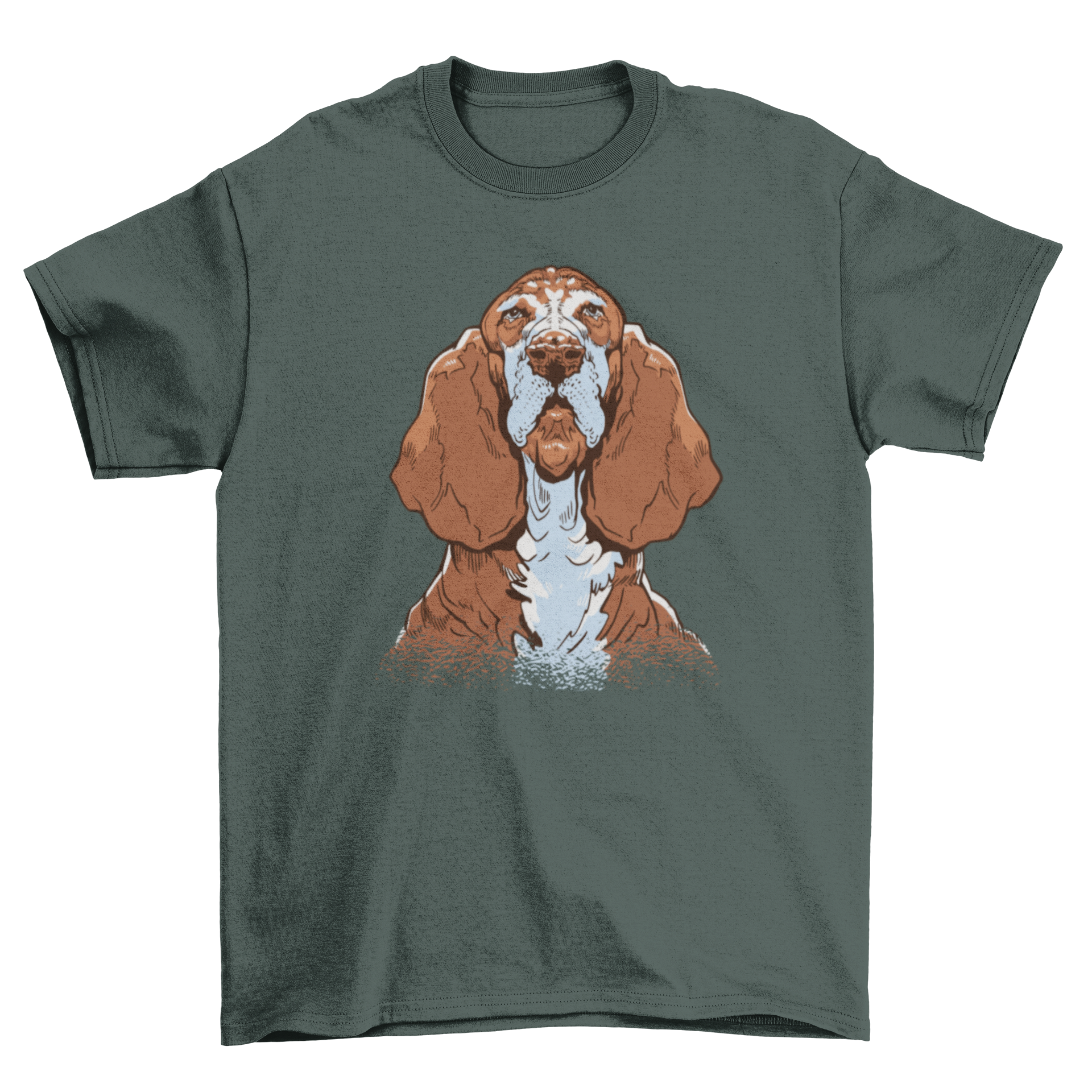 A stylish Basset Hound dog t-shirt featuring a realistic illustration of a Basset Hound, perfect for dog lovers.