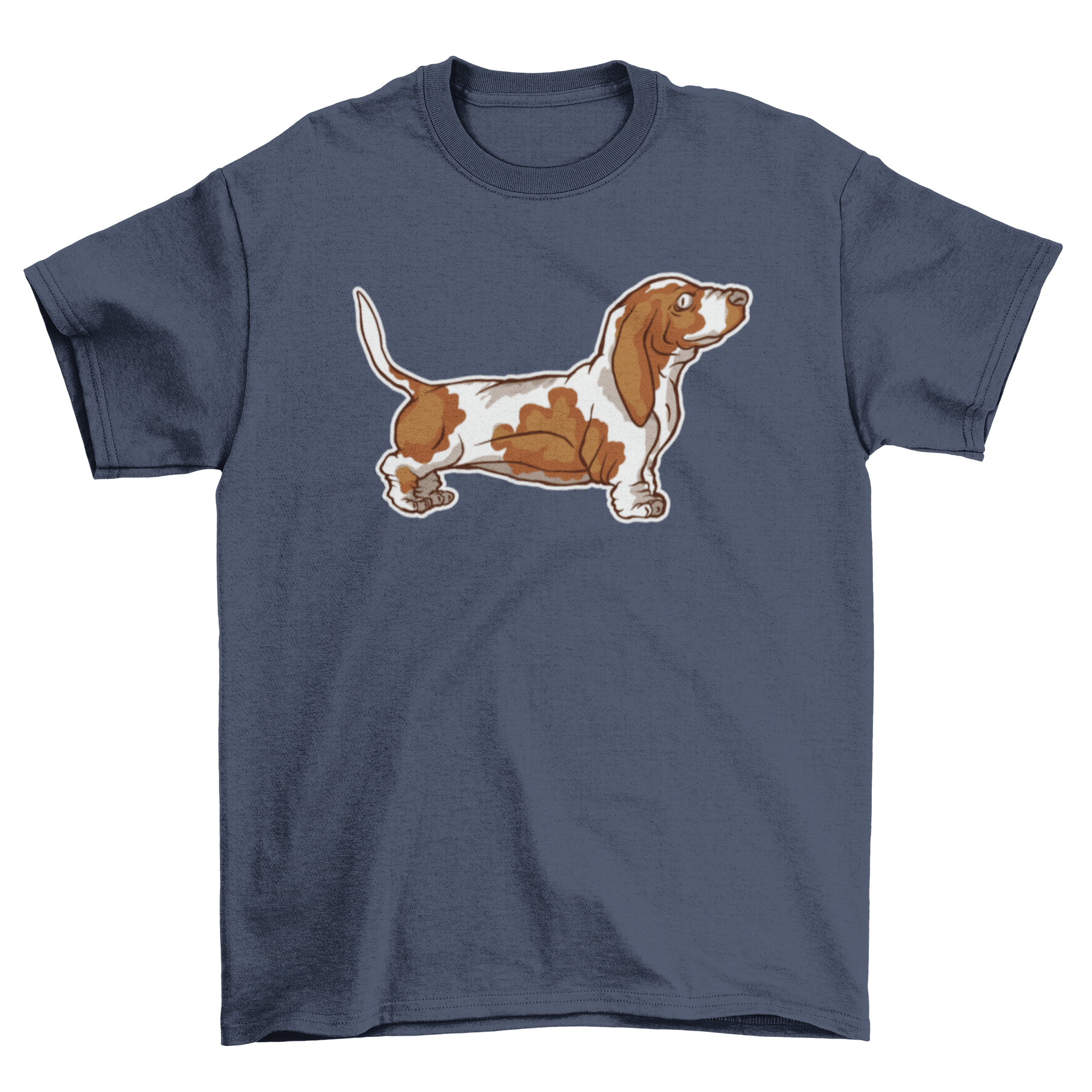 A stylish t-shirt featuring a side view illustration of a Basset Hound, showcasing its distinctive long ears and droopy eyes.