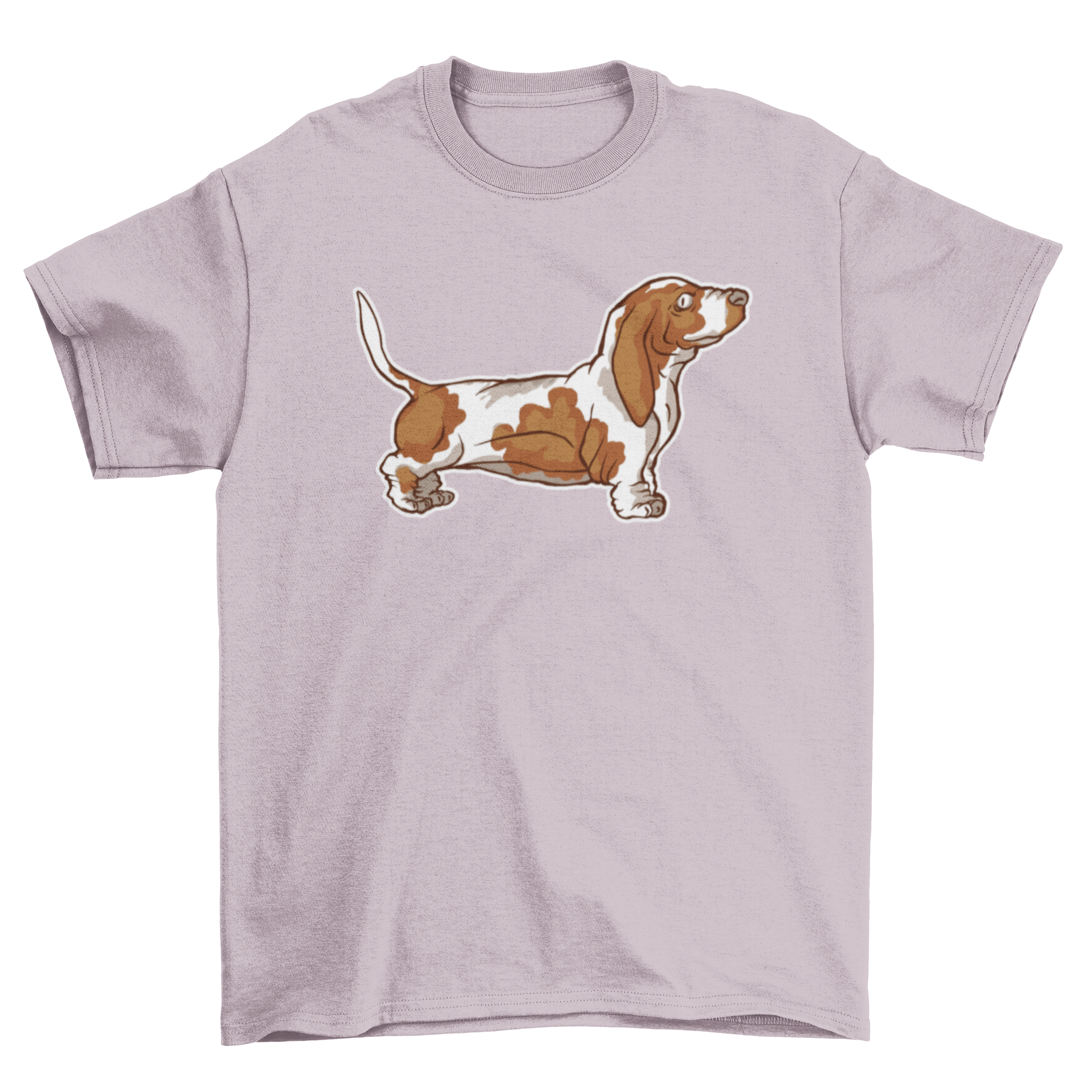 A stylish t-shirt featuring a side view illustration of a Basset Hound, showcasing its distinctive long ears and droopy eyes.