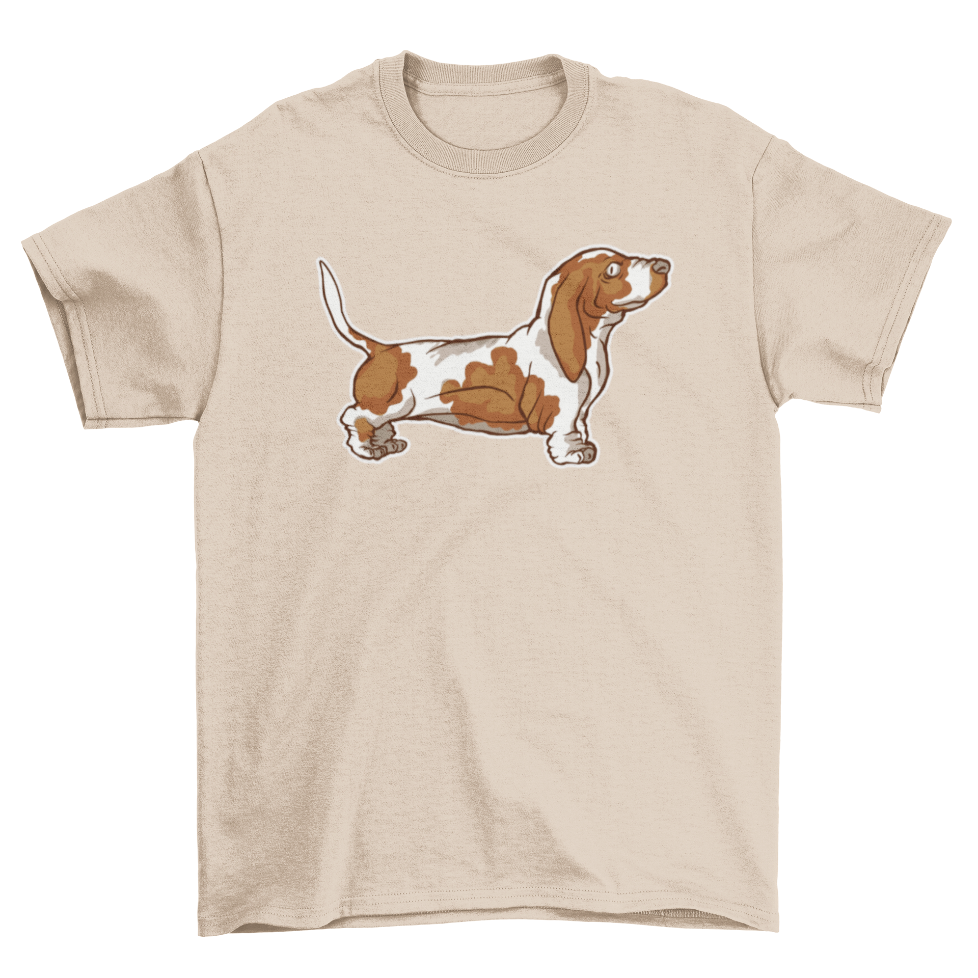 A stylish t-shirt featuring a side view illustration of a Basset Hound, showcasing its distinctive long ears and droopy eyes.