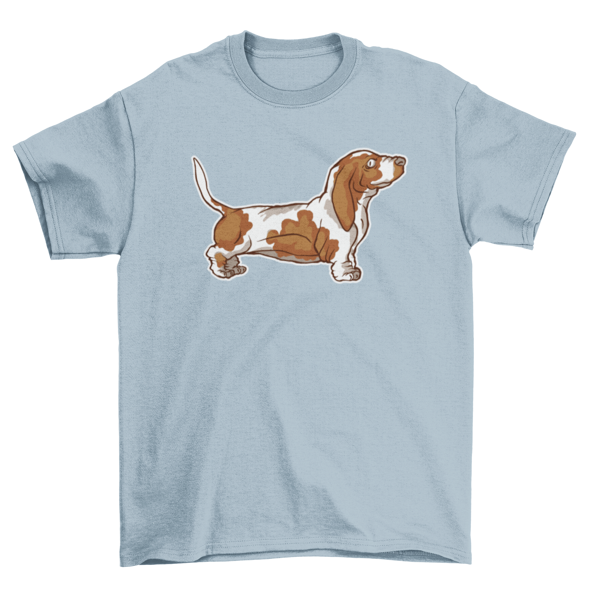 A stylish t-shirt featuring a side view illustration of a Basset Hound, showcasing its distinctive long ears and droopy eyes.