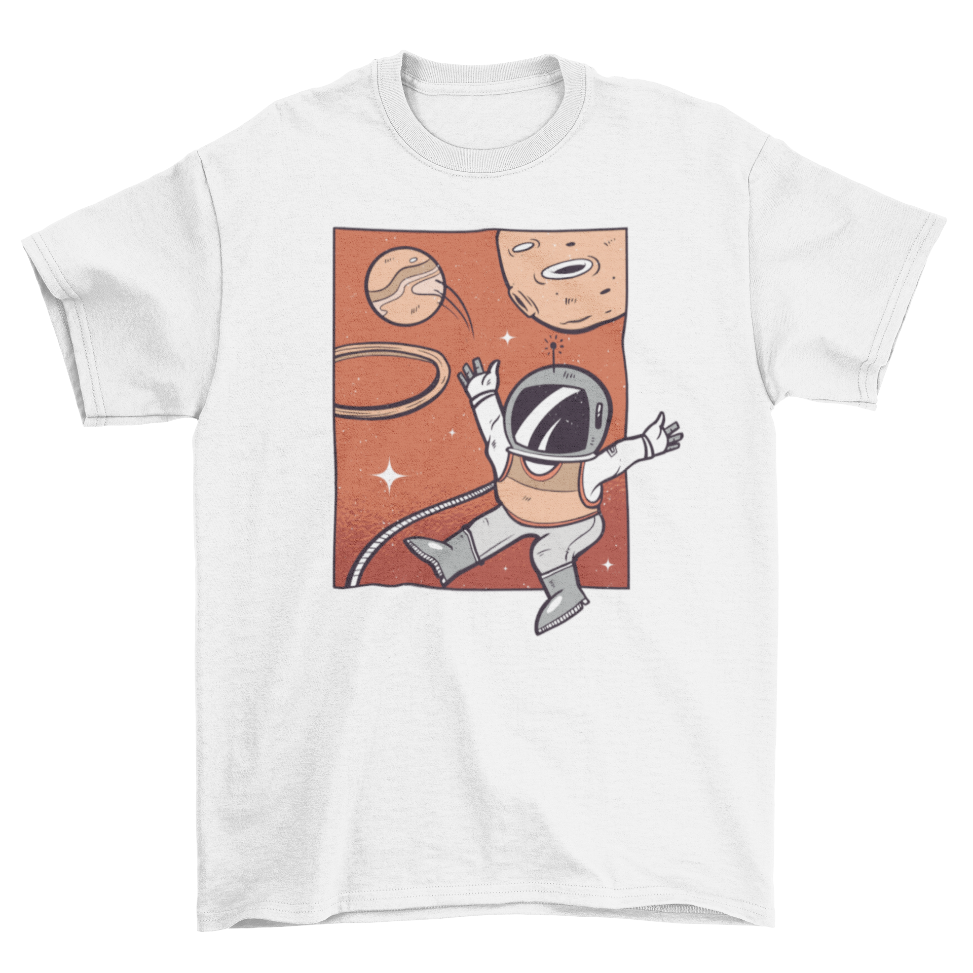 A stylish t-shirt featuring an astronaut playing basketball in space, showcasing a unique and fun design.