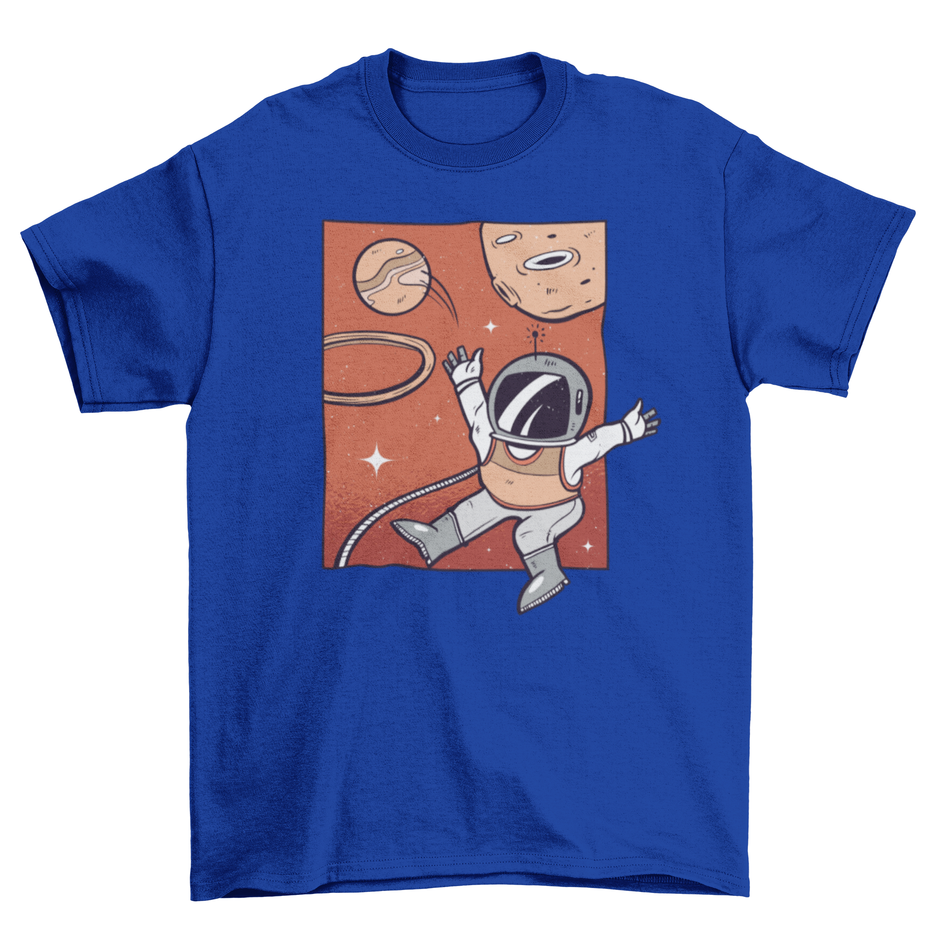 A stylish t-shirt featuring an astronaut playing basketball in space, showcasing a unique and fun design.