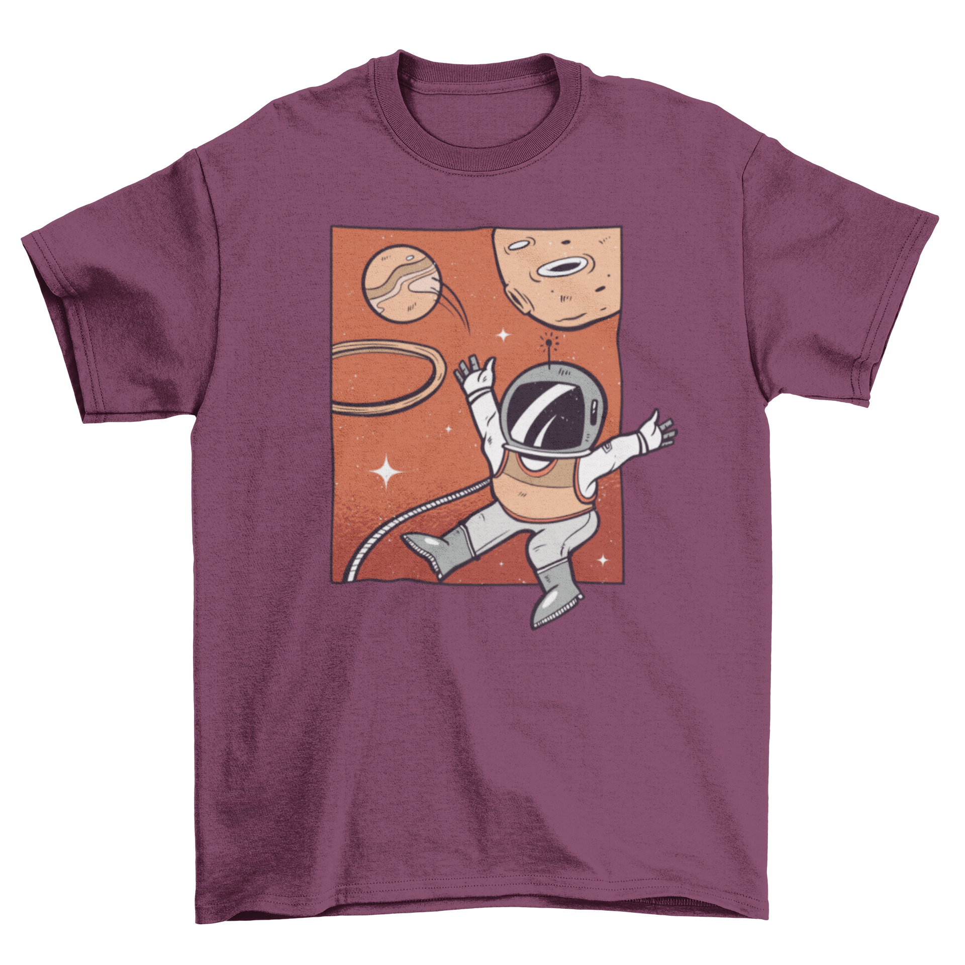 A stylish t-shirt featuring an astronaut playing basketball in space, showcasing a unique and fun design.