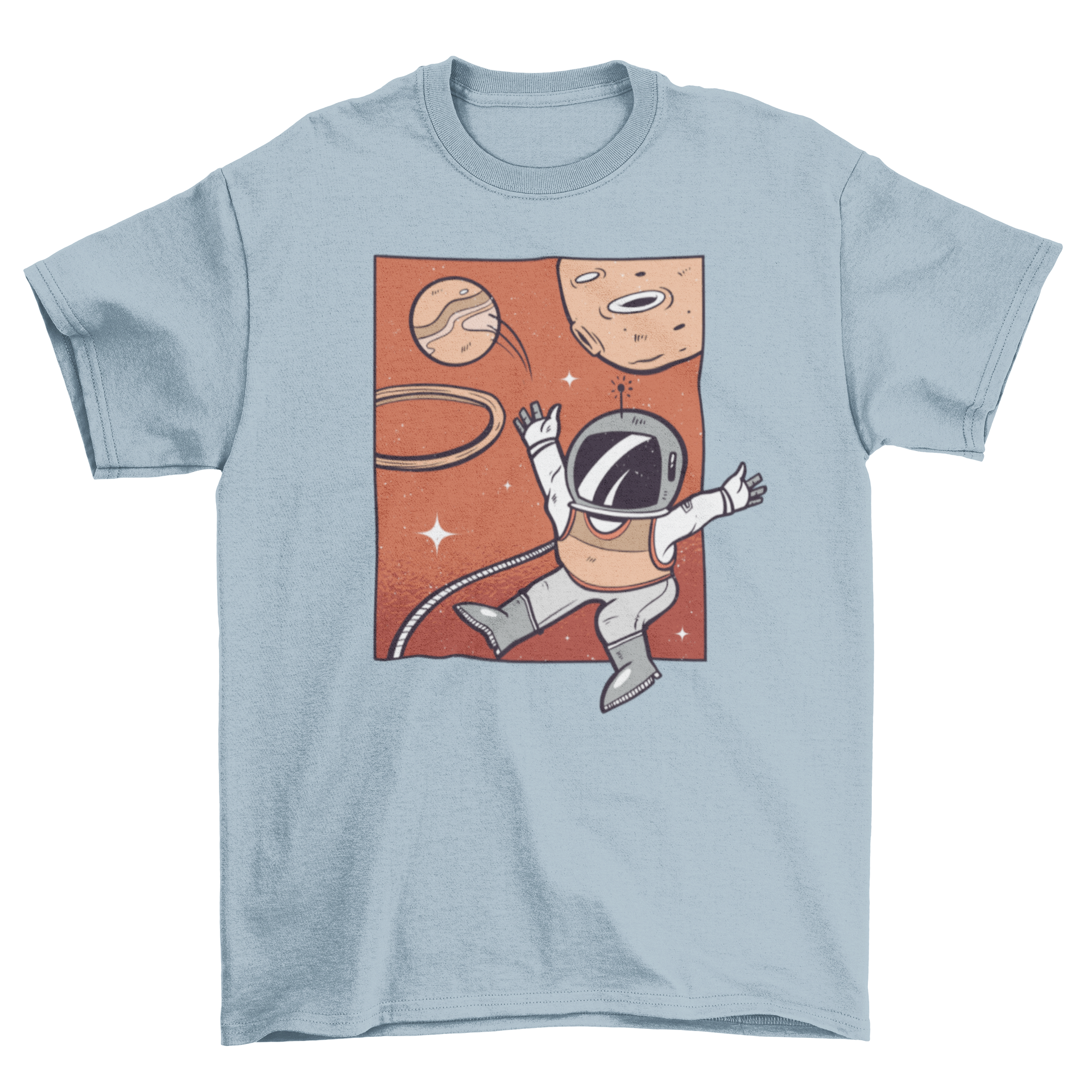 A stylish t-shirt featuring an astronaut playing basketball in space, showcasing a unique and fun design.