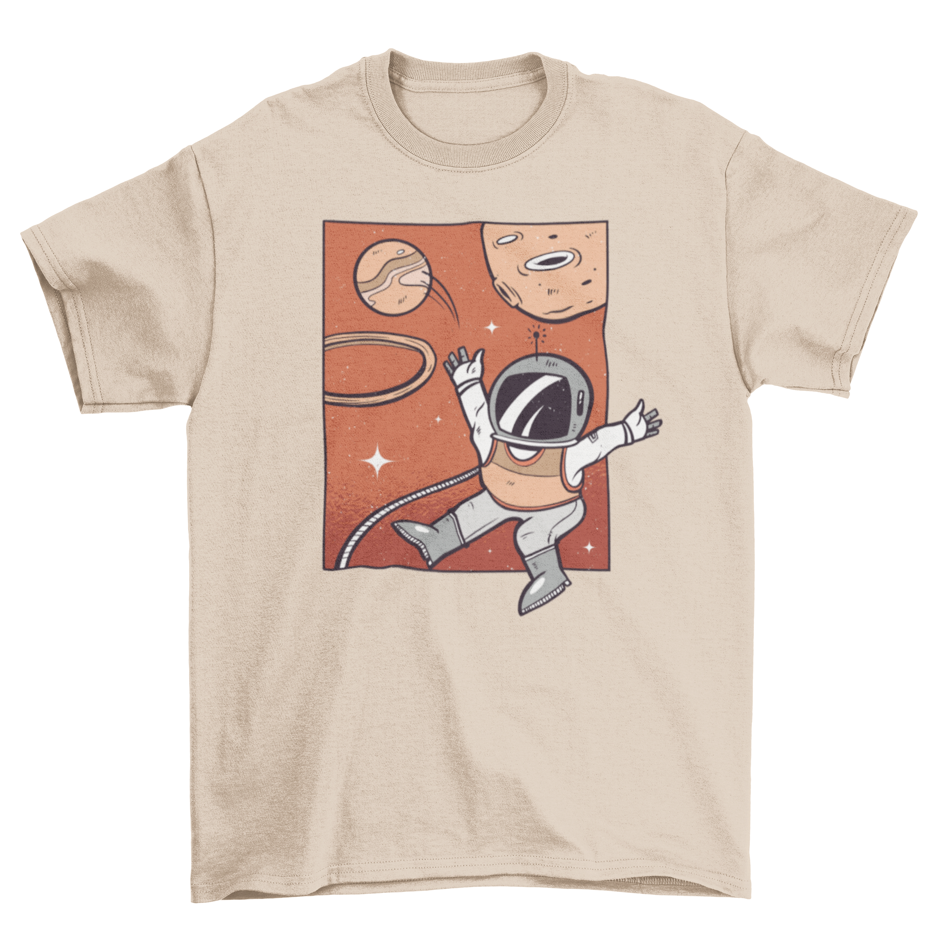 A stylish t-shirt featuring an astronaut playing basketball in space, showcasing a unique and fun design.