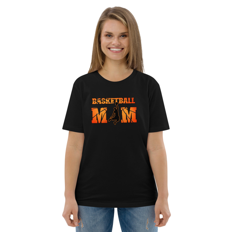 Basketball Mom Unisex Organic Cotton T-shirt in various sizes, showcasing its soft fabric and stylish design.