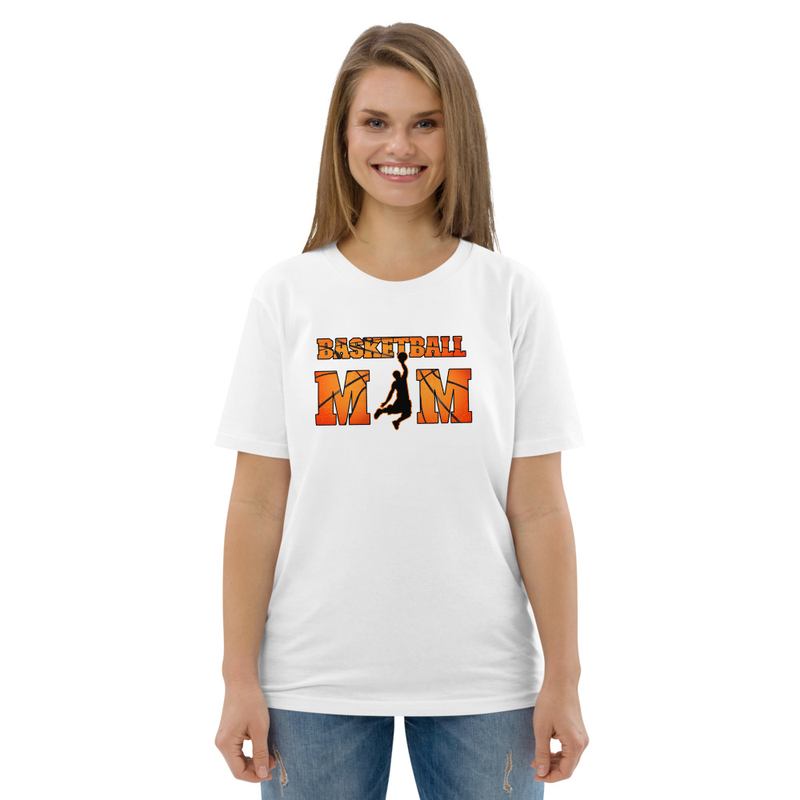 Basketball Mom Unisex Organic Cotton T-shirt in various sizes, showcasing its soft fabric and stylish design.