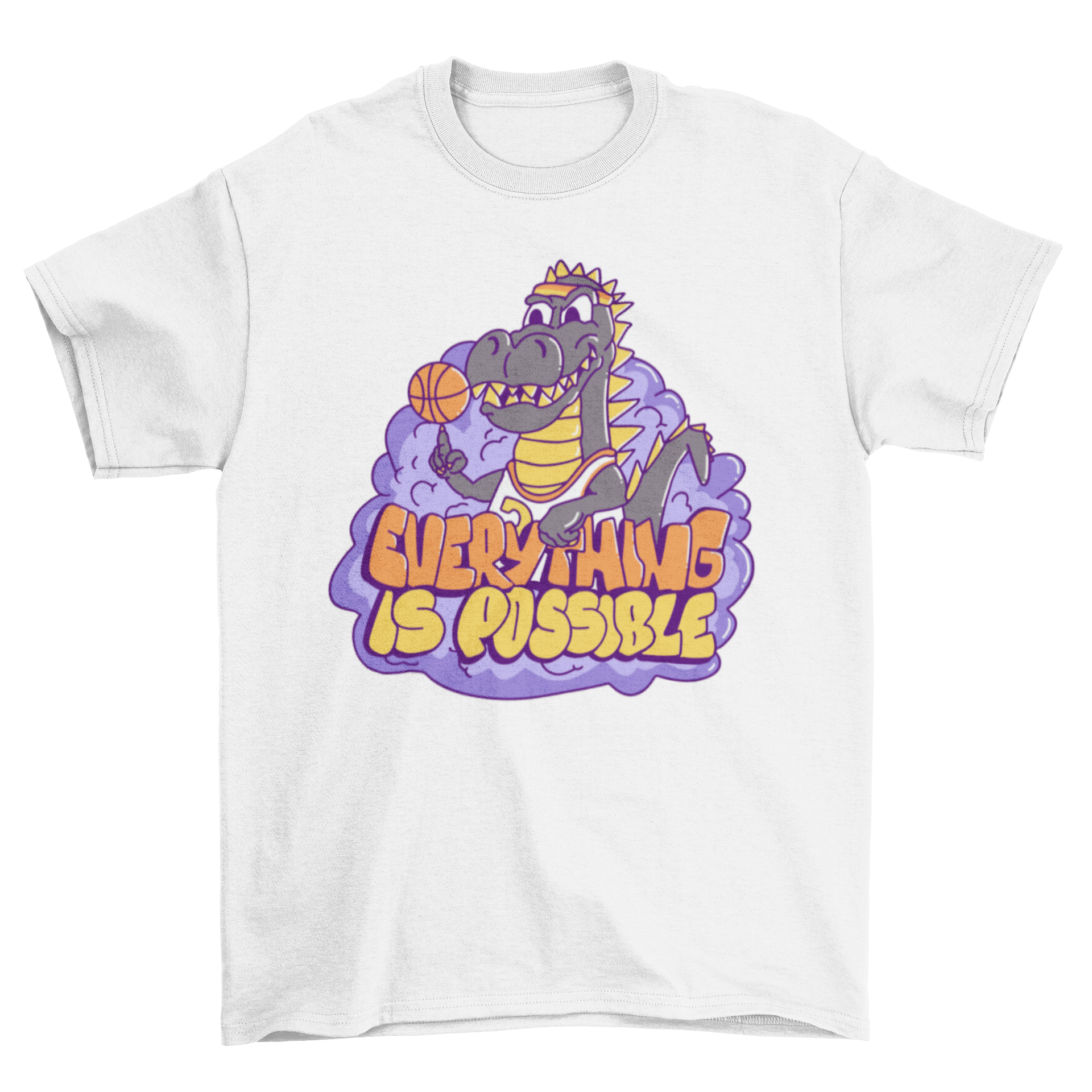 A vibrant t-shirt featuring a T-Rex playing basketball with the quote 'Everything is possible' printed on it.