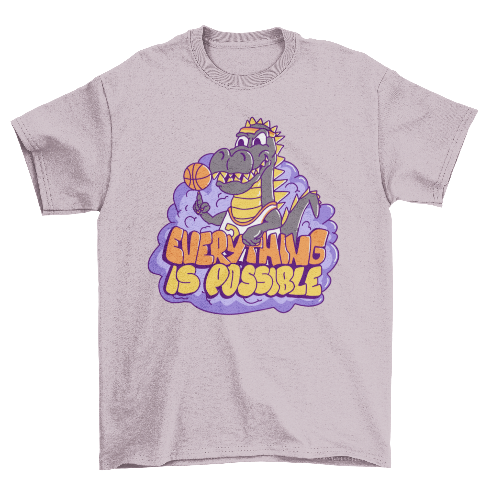 A vibrant t-shirt featuring a T-Rex playing basketball with the quote 'Everything is possible' printed on it.